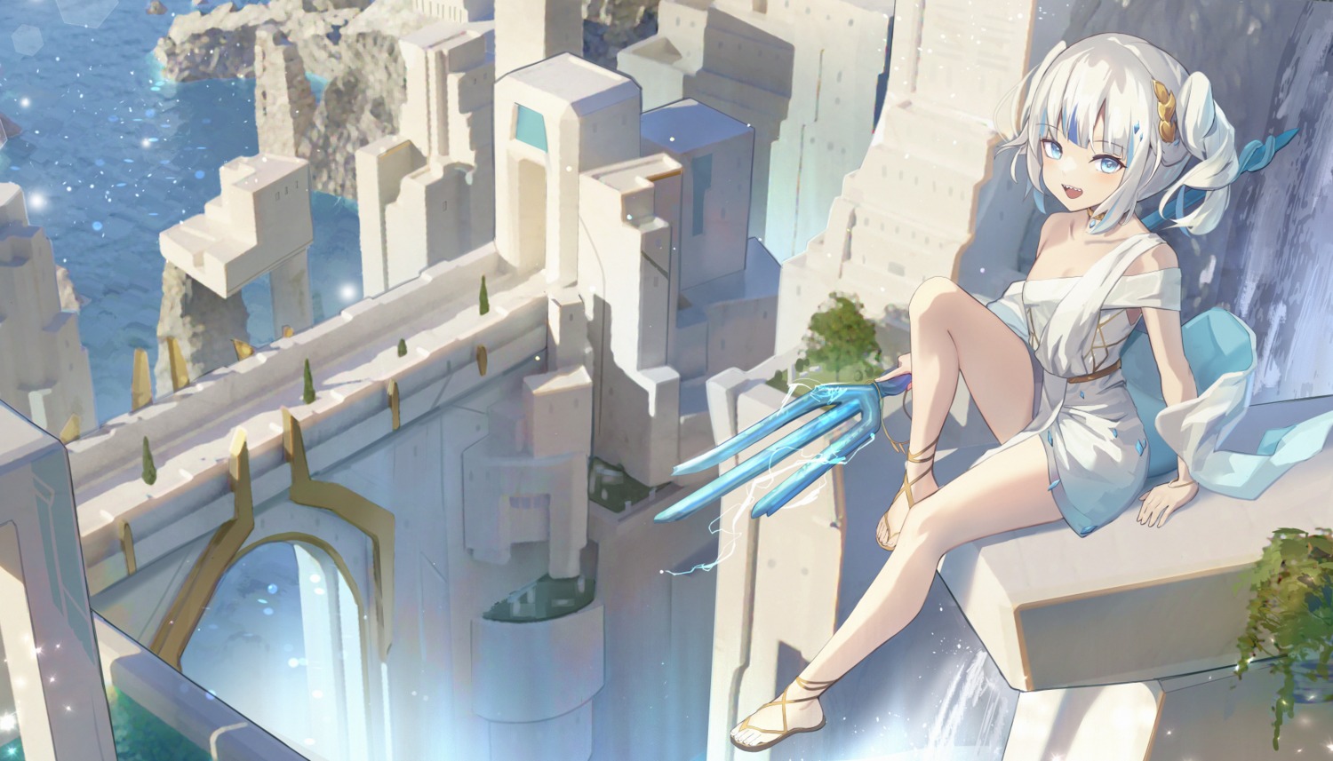 dress, gawr_gura, hololive, hololive_english, landscape, no_bra, san_ke_yue_shi, weapon