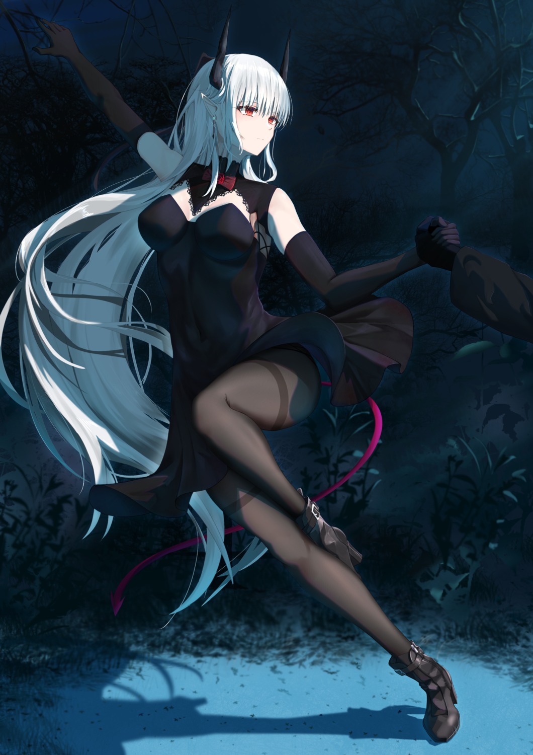 arknights, calvaires, chained_sarkaz_girl, dress, heels, horns, no_bra, pantyhose, pointy_ears, skirt_lift, tail