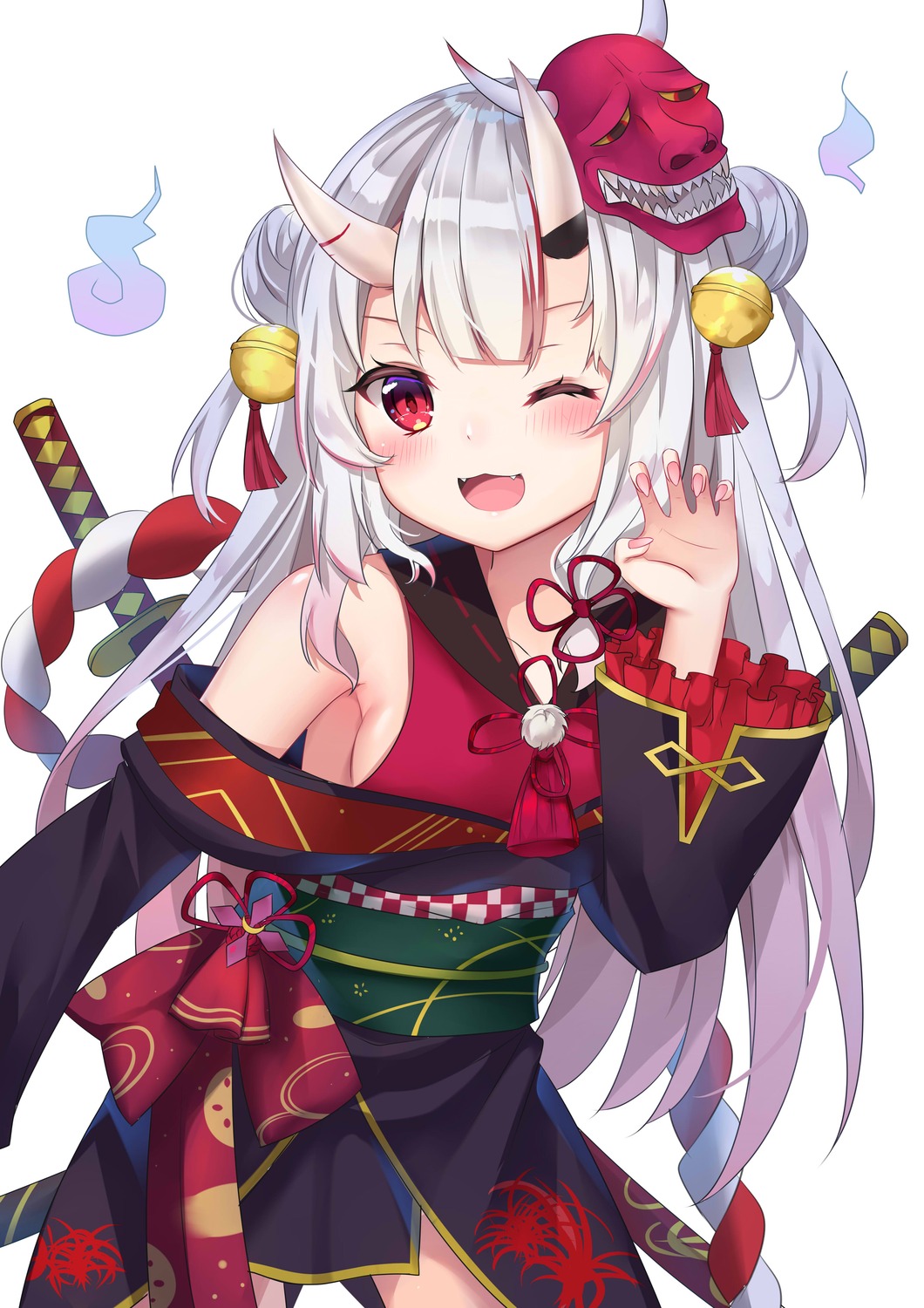 bandages, hololive, horns, ikazu401, japanese_clothes, nakiri_ayame, sword