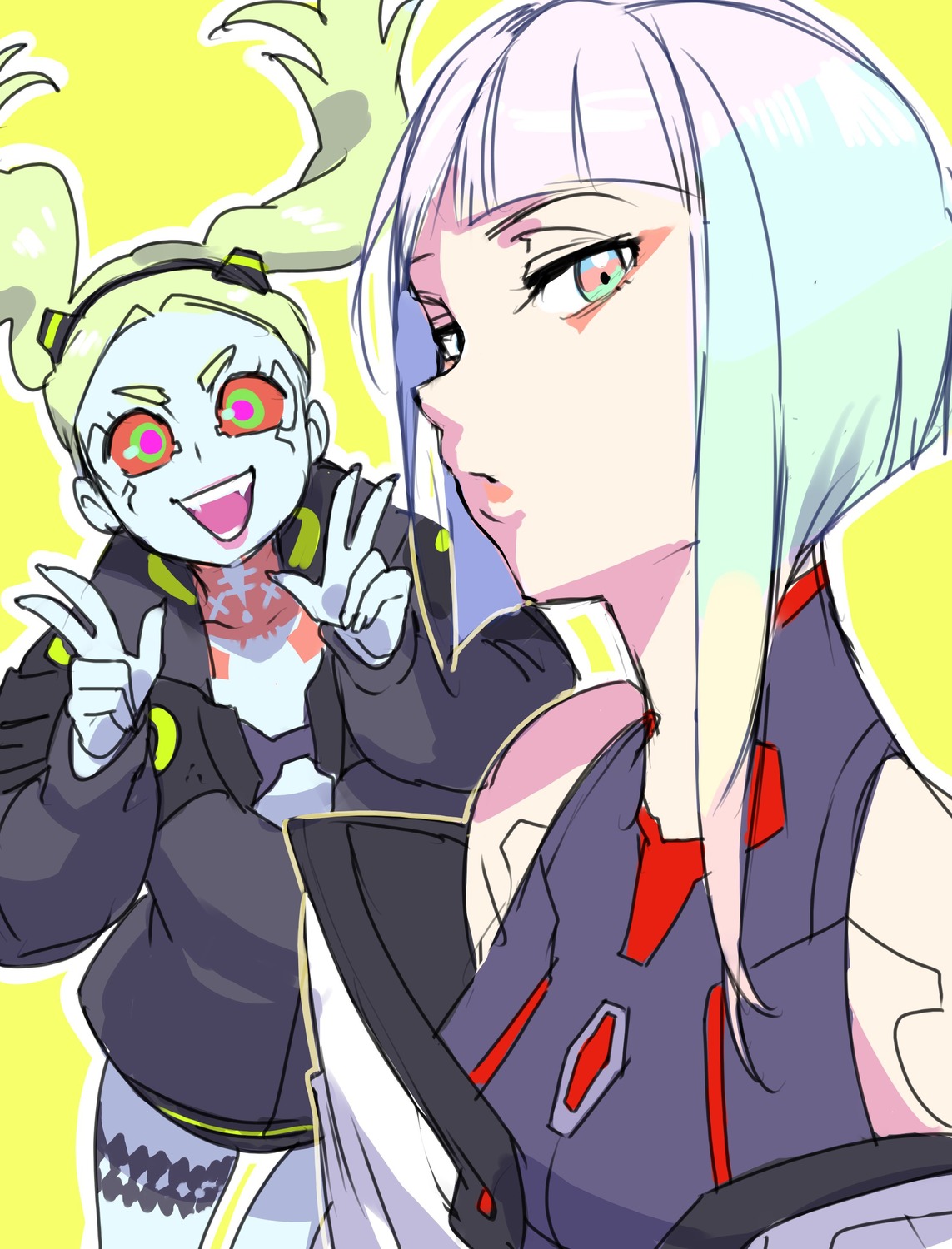 cyberpunk:_edgerunners, cyberpunk_2077, garter, hanny_(uirusu_chan), lucy_(cyberpunk), mecha_musume, rebecca_(cyberpunk), sketch, tattoo