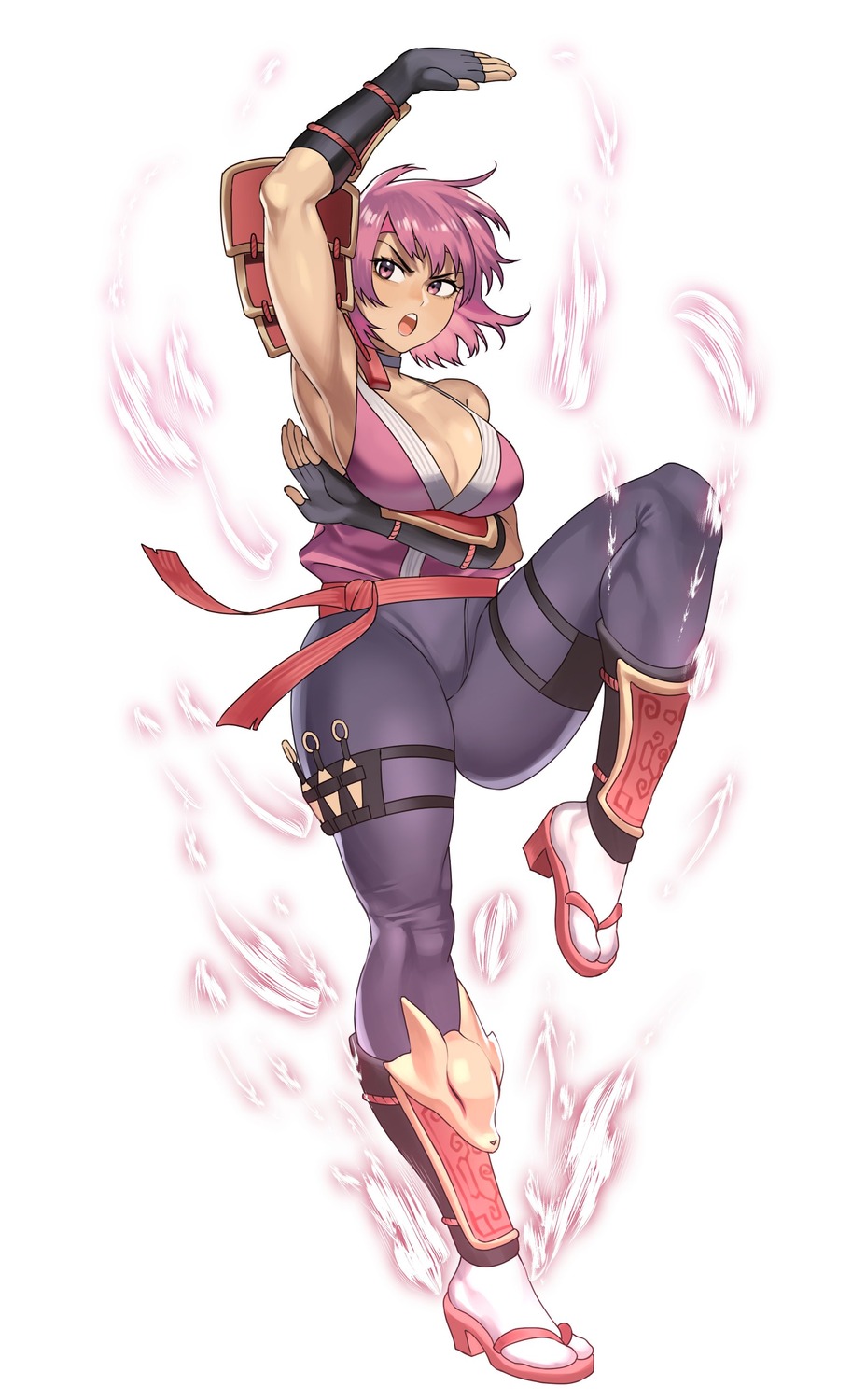 armor, cleavage, garter, hanny_(uirusu_chan), japanese_clothes, no_bra, weapon