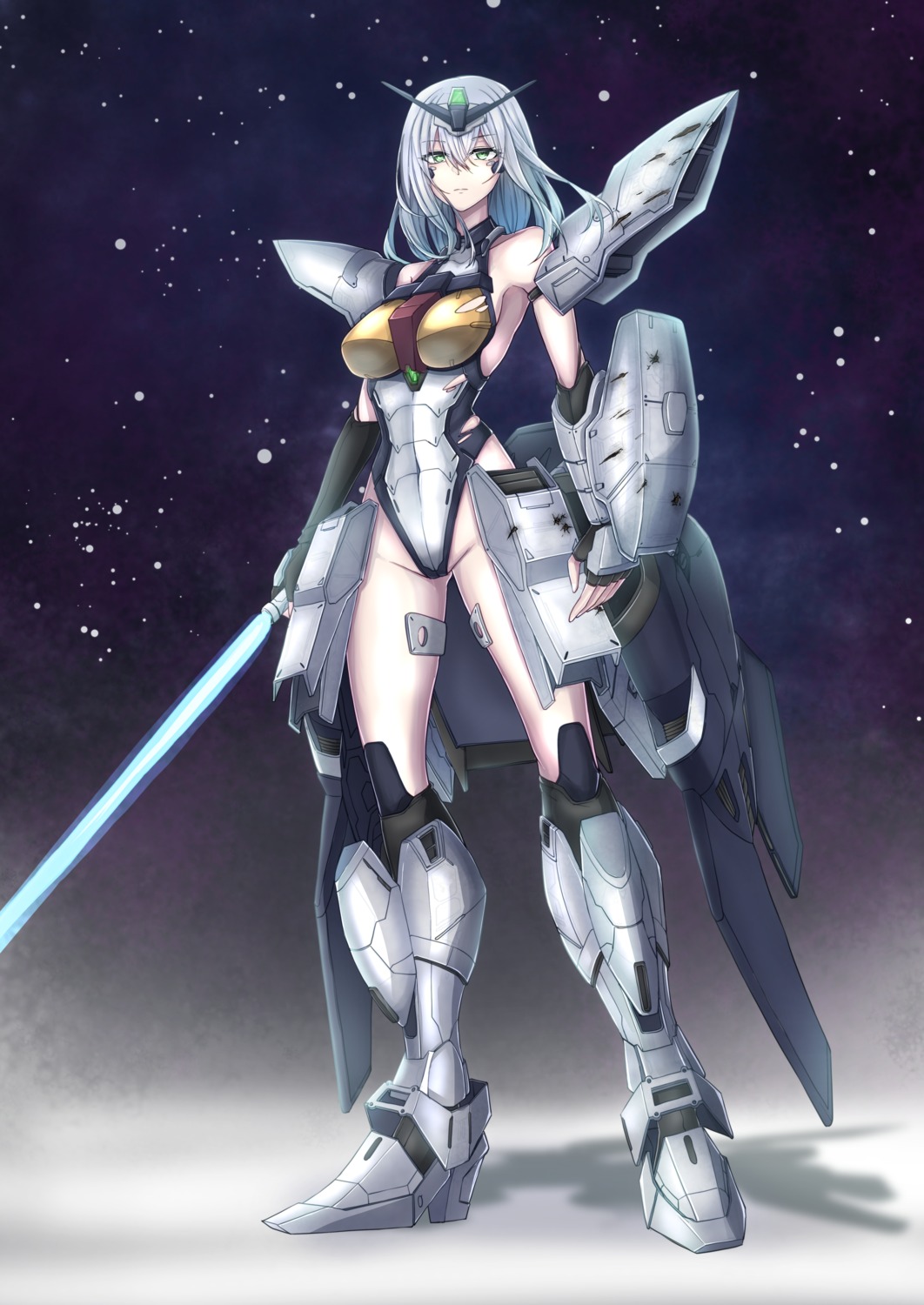 armor, g-saviour_gundam, gundam, gundam_g-saviour, leotard, mecha_musume, sword, torn_clothes, tsubakiworks
