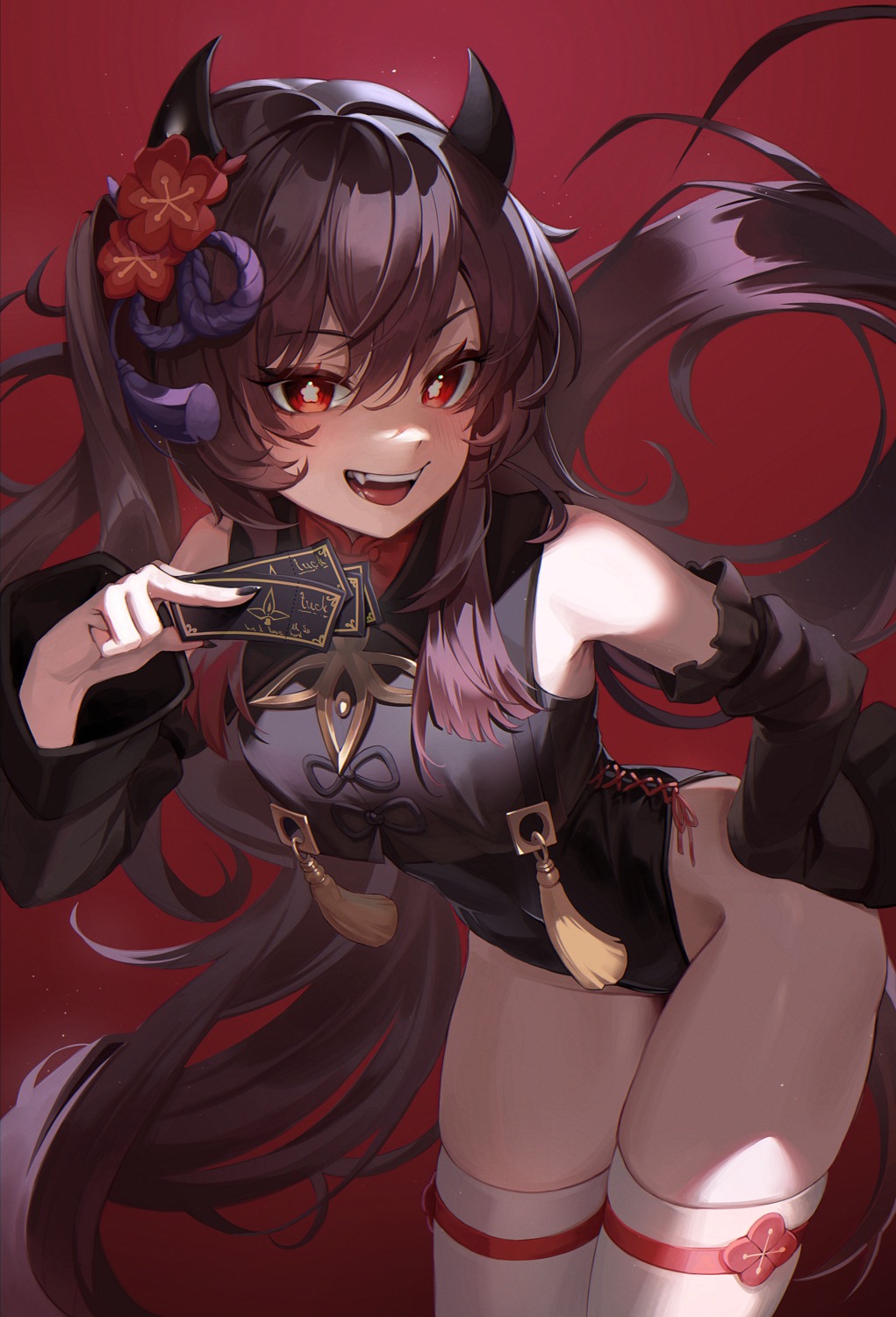asian_clothes, genshin_impact, horns, hu_tao, thighhighs, v_burger103