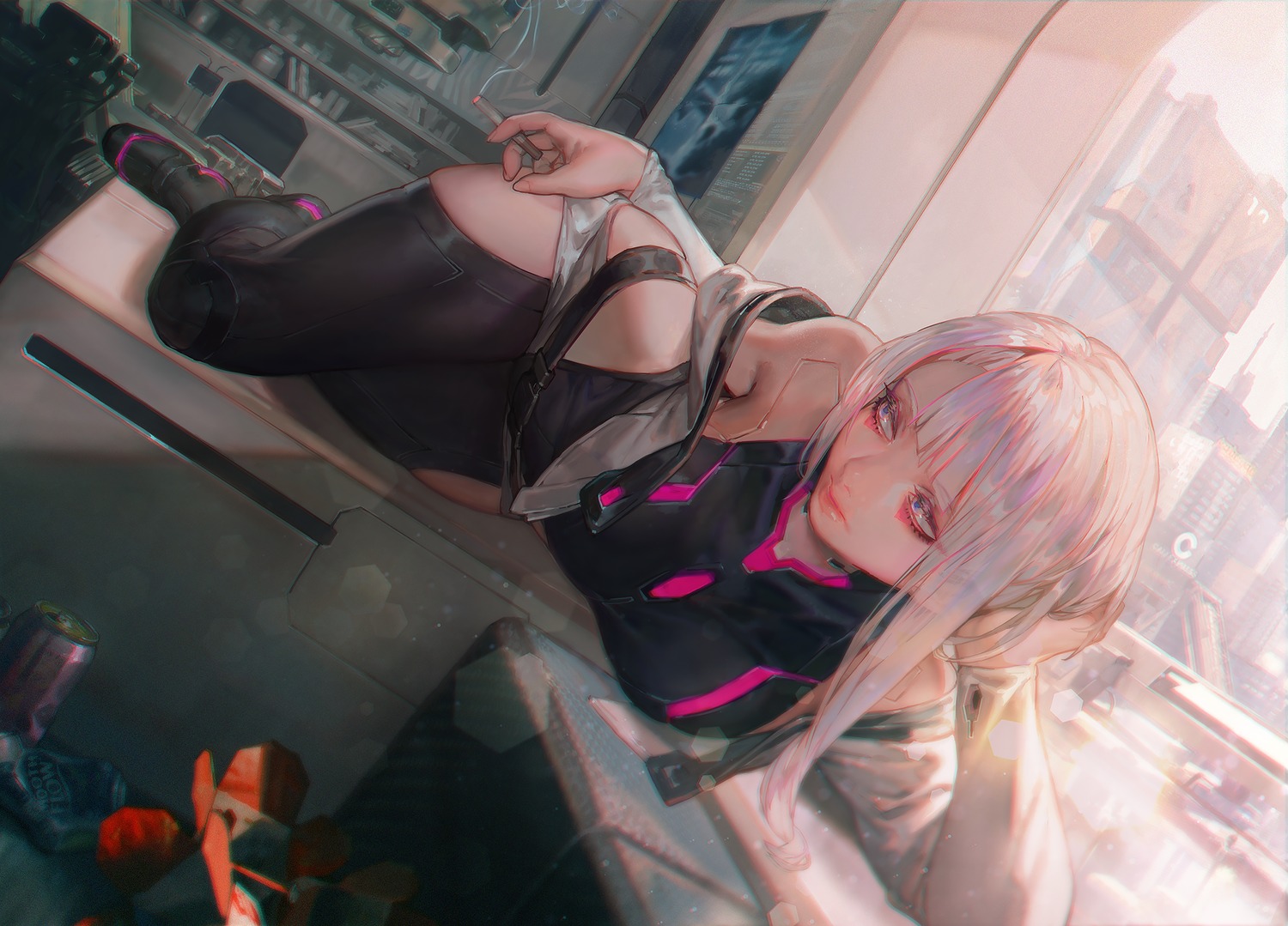 aoin, cyberpunk:_edgerunners, cyberpunk_2077, lucy_(cyberpunk), smoking