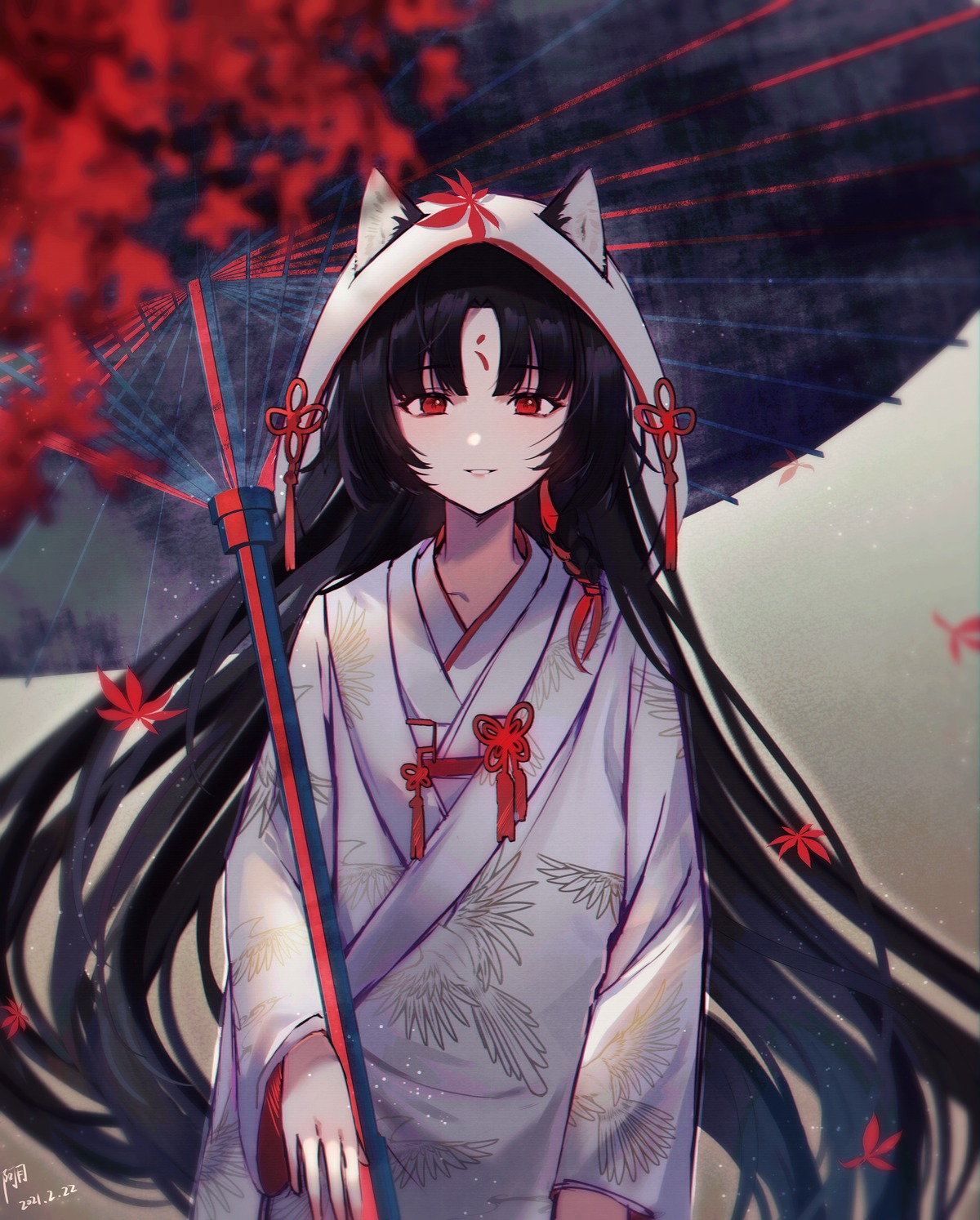 animal_ears, arknights, japanese_clothes, moonlgnance, saga_(arknights), umbrella