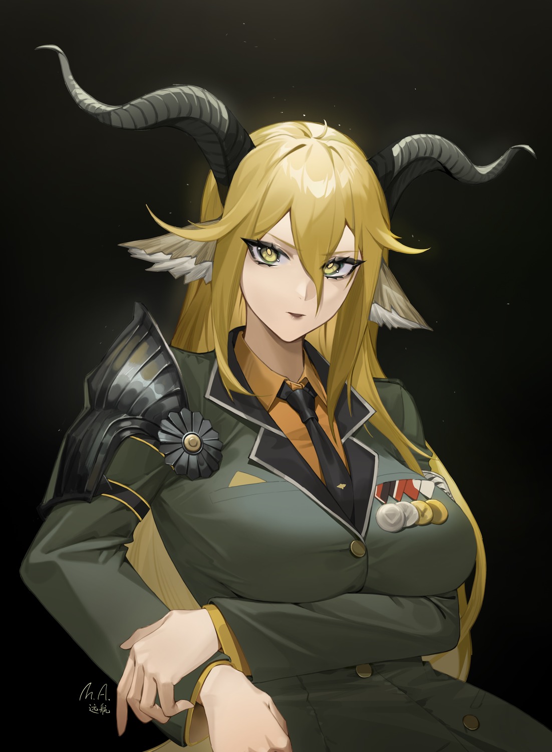 animal_ears, arknights, degenbrecher_(arknights), horns, maxp_yuanhang, uniform