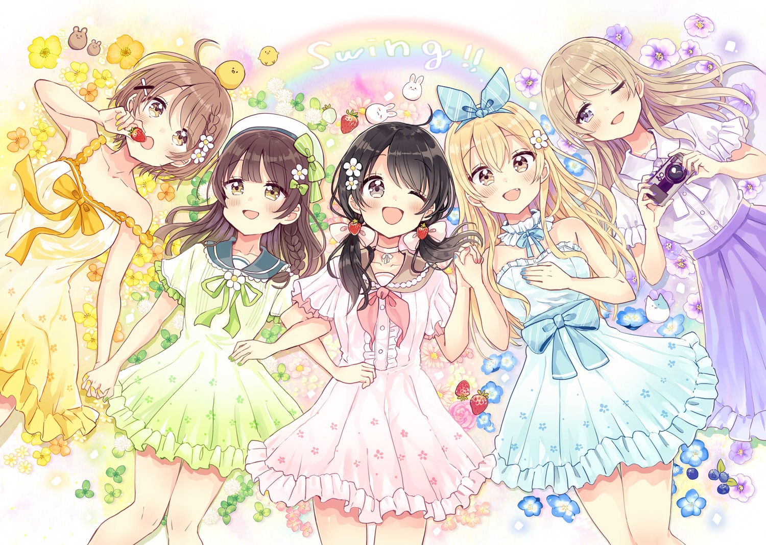 dress, higuchi_kaede_(swing!), miyasato_haruka, okamoto_natsuhi, sakura_oriko, summer_dress, swing!!, yokomine_ibuki