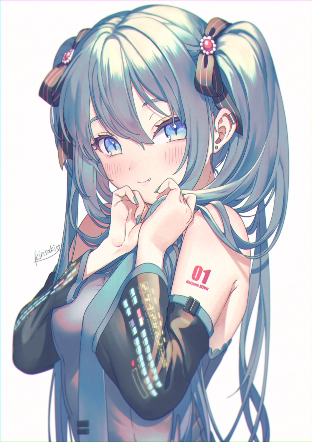 breast_hold, hatsune_miku, kirisaki_shuusei, tattoo, vocaloid