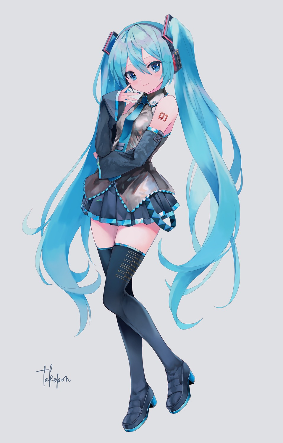 hatsune_miku, headphones, heels, takepon1123, tattoo, thighhighs, vocaloid