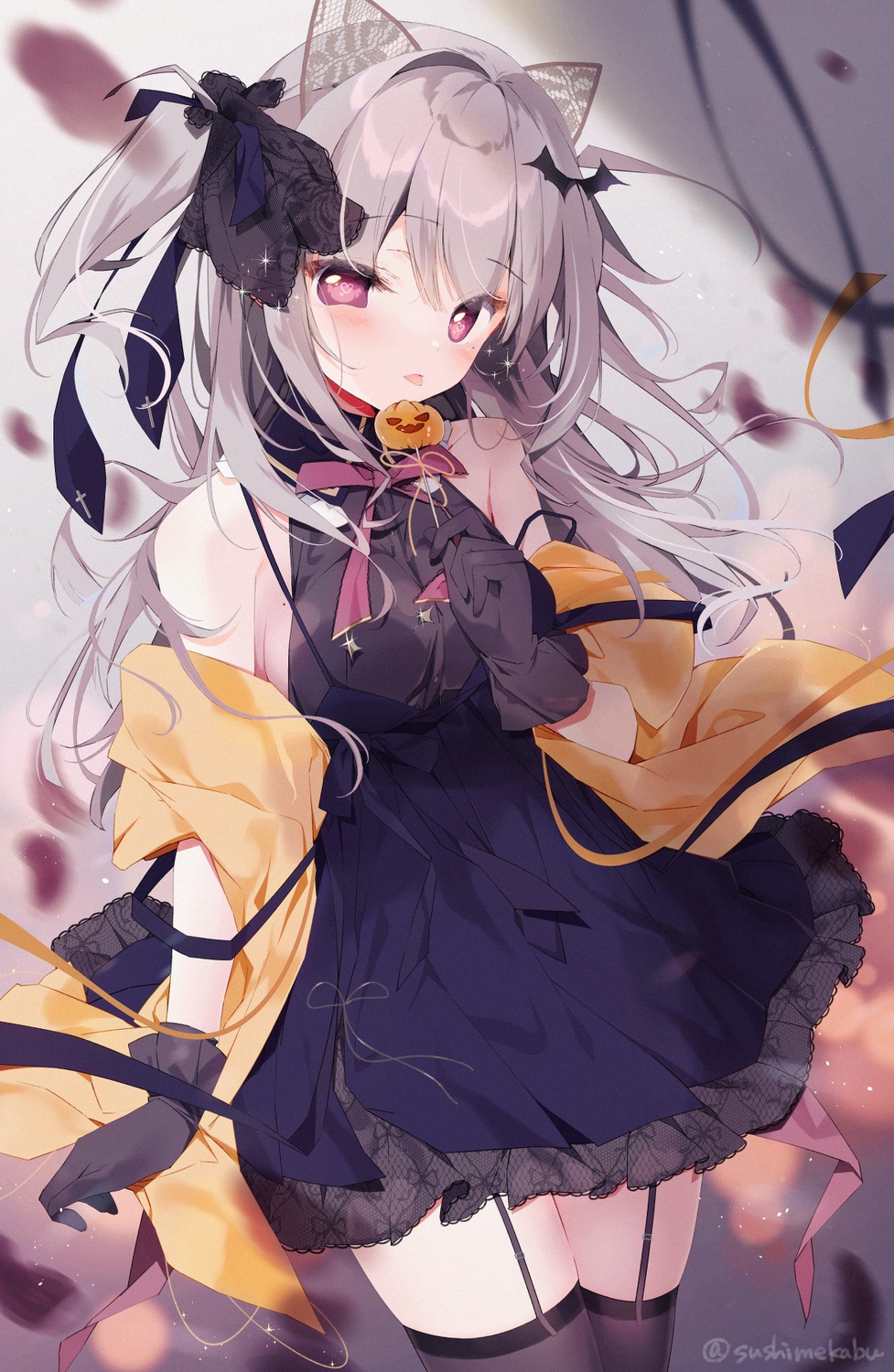 animal_ears, dress, fishnets, halloween, no_bra, see_through, skirt_lift, stockings