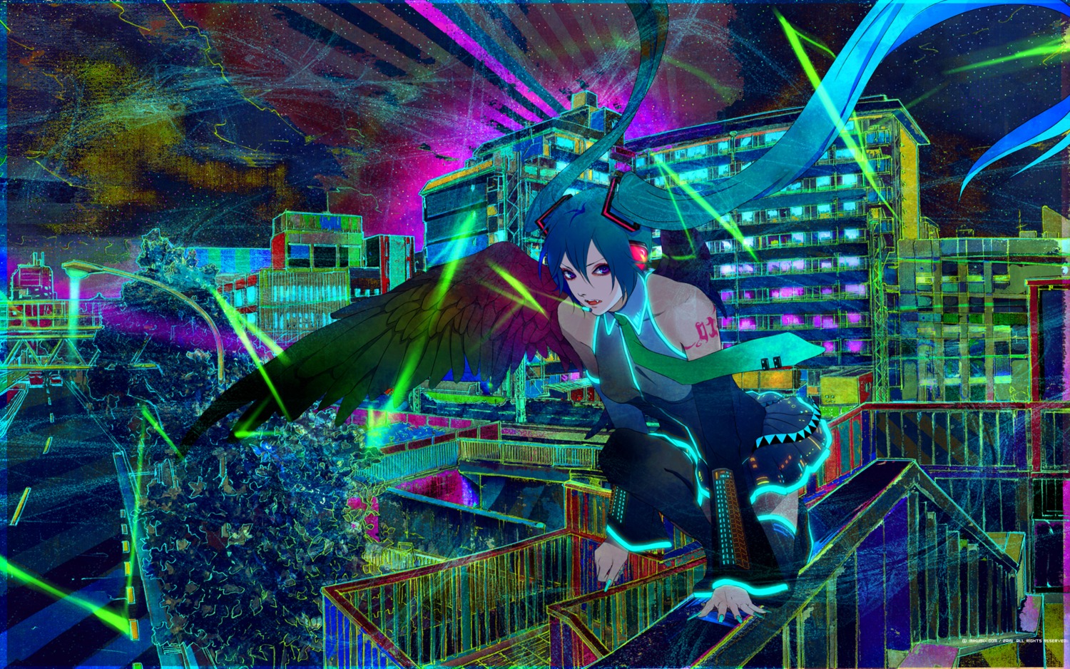 hatsune_miku, tattoo, thighhighs, vocaloid, wallpaper, wings, zain