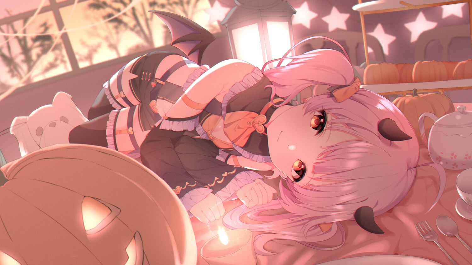 cleavage, devil, garter, hakozaki_serika, halloween, horns, norada, stockings, the_idolm@ster, the_idolm@ster_million_live!, thighhighs, wings