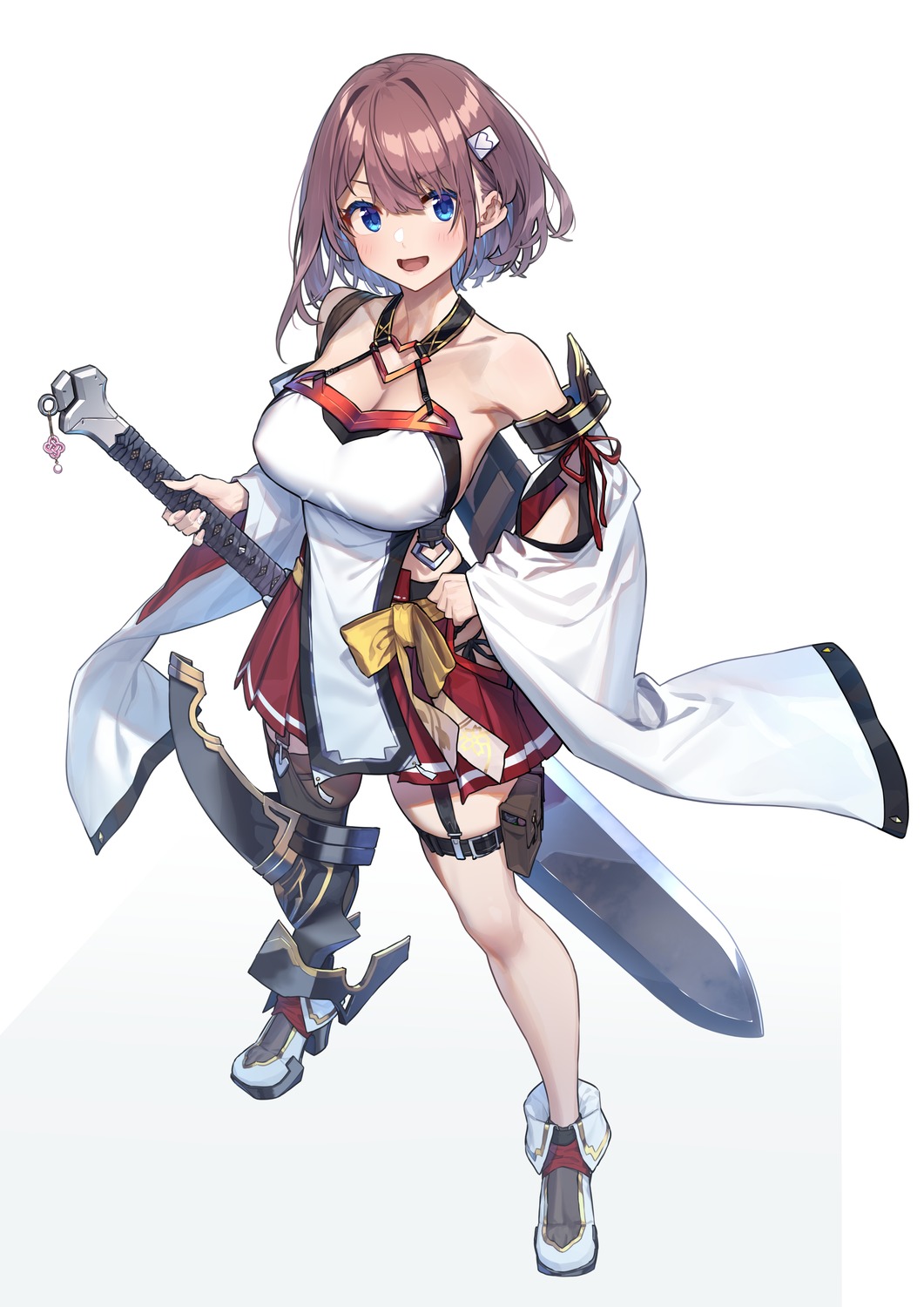 armor, baffu, cleavage, garter, heels, hitoyo_(baffu), no_bra, stockings, sword, thighhighs