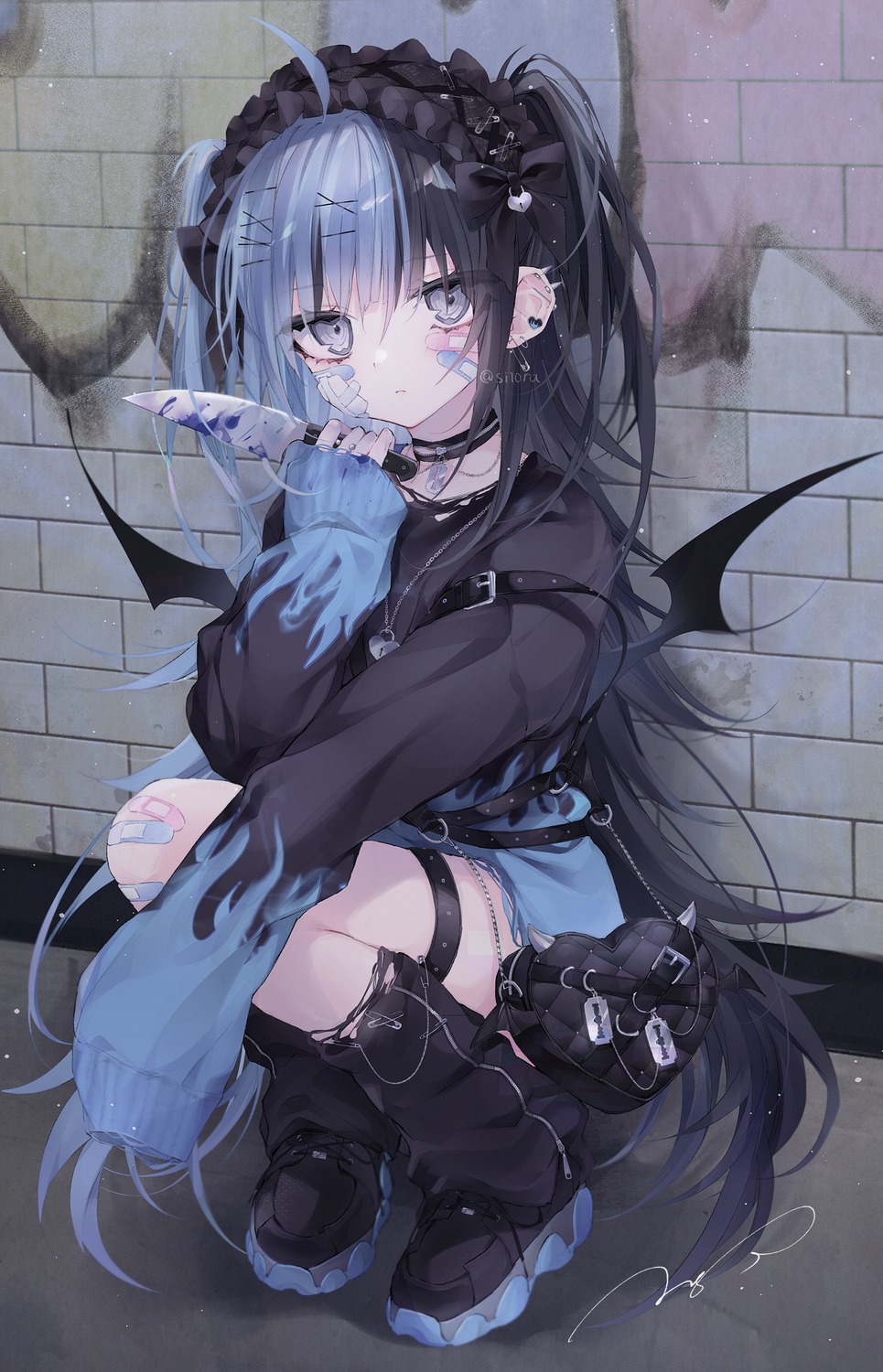 bandaid, garter, si10ra, sweater, torn_clothes, weapon, wings