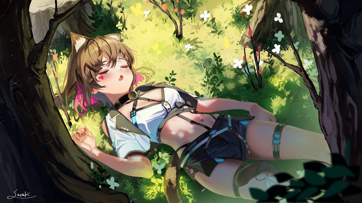 animal_ears, garter, nekomimi, saraki, tail, tattoo, thighhighs, wallpaper