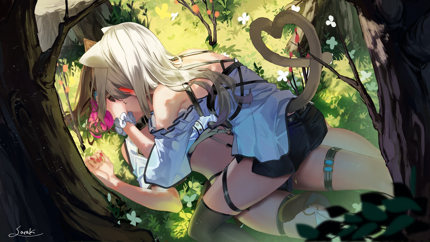 animal_ears, garter, nekomimi, saraki, tail, thighhighs, wallpaper, yuri