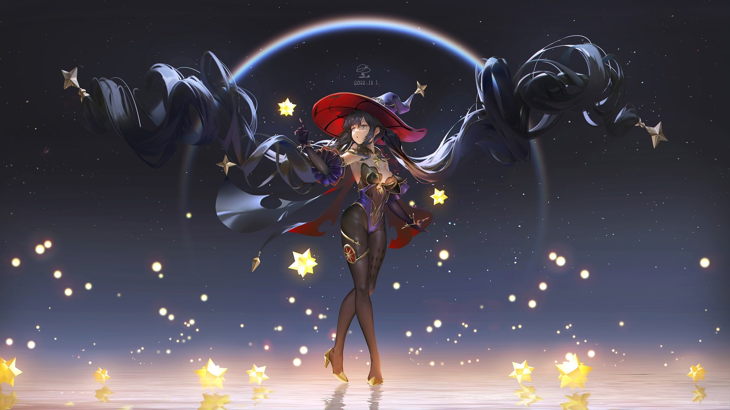 cameltoe, garter, genshin_impact, heels, leotard, mona_megistus, no_bra, ribao