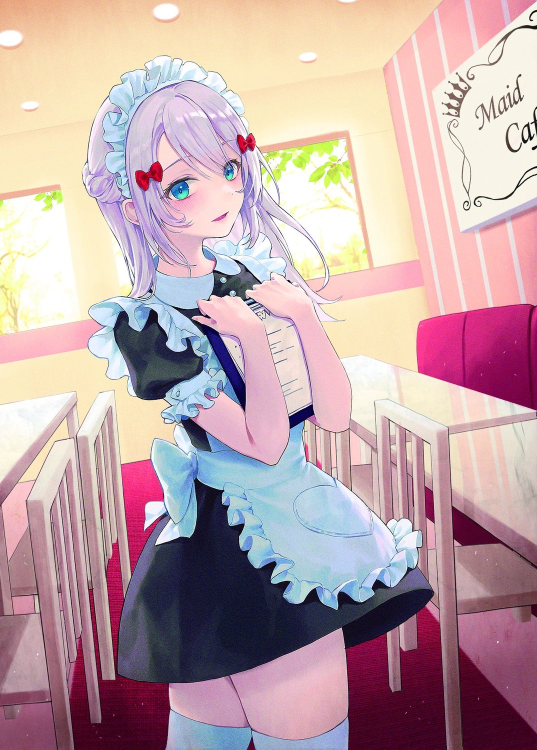 breast_hold, maid, roha, shimotsuki-san_wa_mob_ga_suki, shimotsuki_shiho, thighhighs, waitress