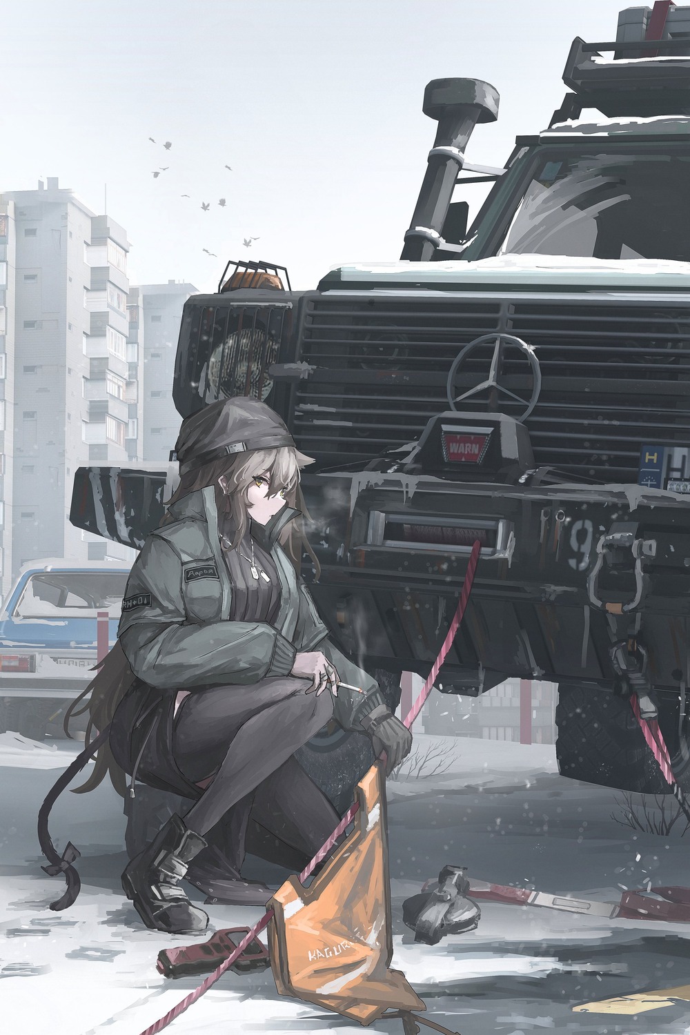 animal_ears, daria_(haguruma_c), haguruma_c, landscape, nekomimi, smoking, tail, thighhighs