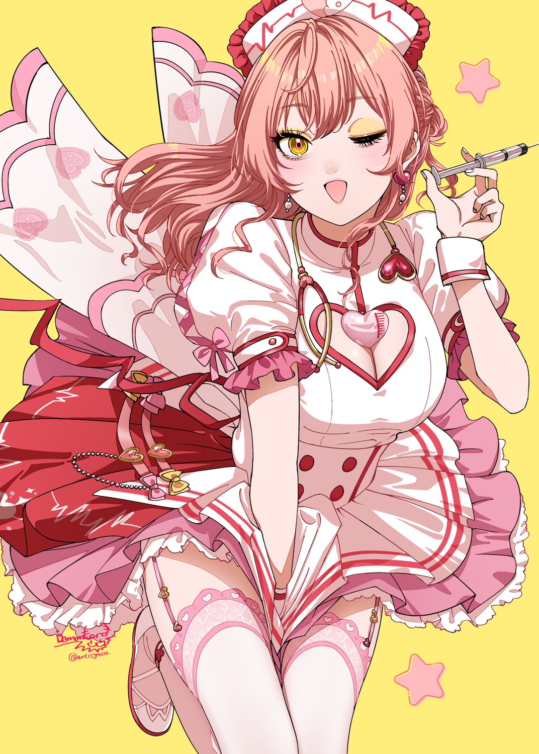 cleavage, jougasaki_mika, maou_(demonlord), nurse, skirt_lift, stockings, the_idolm@ster, the_idolm@ster_cinderella_girls