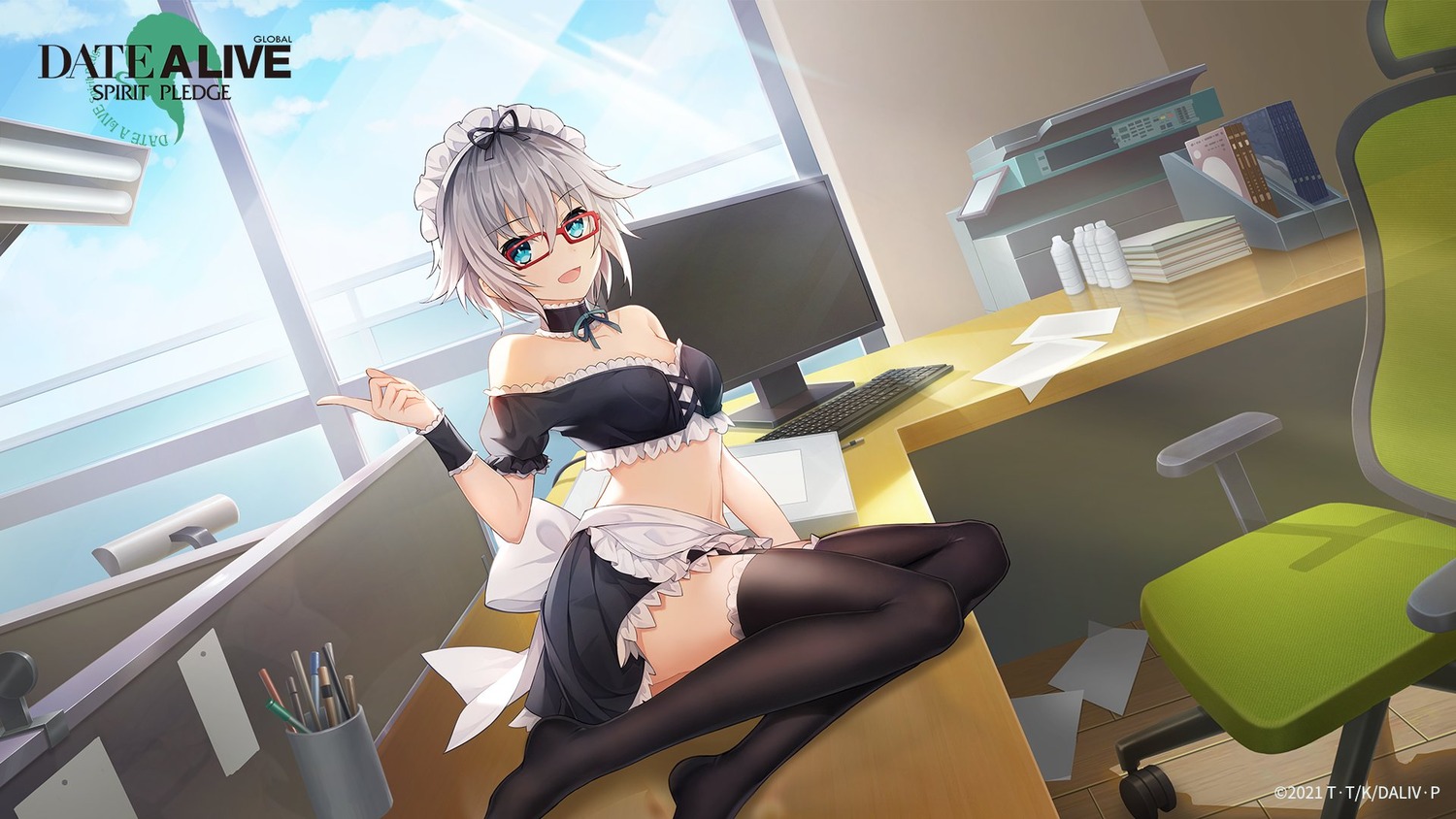 date_a_live, honjou_nia_(date_a_live), maid, megane, no_bra, thighhighs, wallpaper