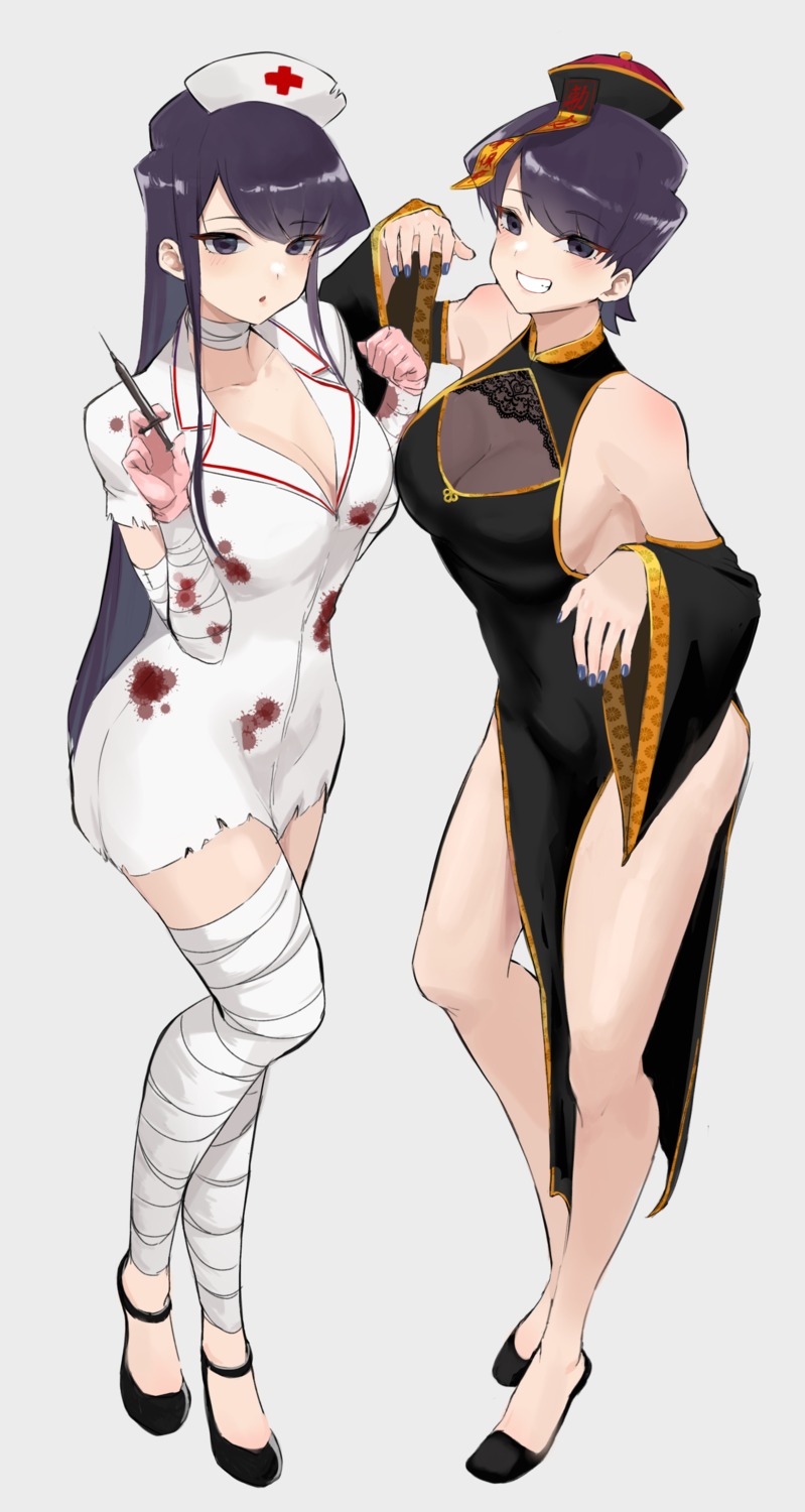 ayatak0517, bandages, blood, chinadress, cleavage, halloween, komi-san_wa_komyushou_desu., komi_shouko, komi_shuuko, no_bra, nurse, open_shirt, see_through, torn_clothes