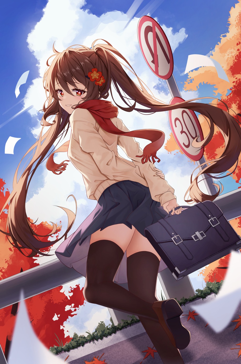 genshin_impact, hu_tao, monmo_mu, seifuku, skirt_lift, sweater, thighhighs