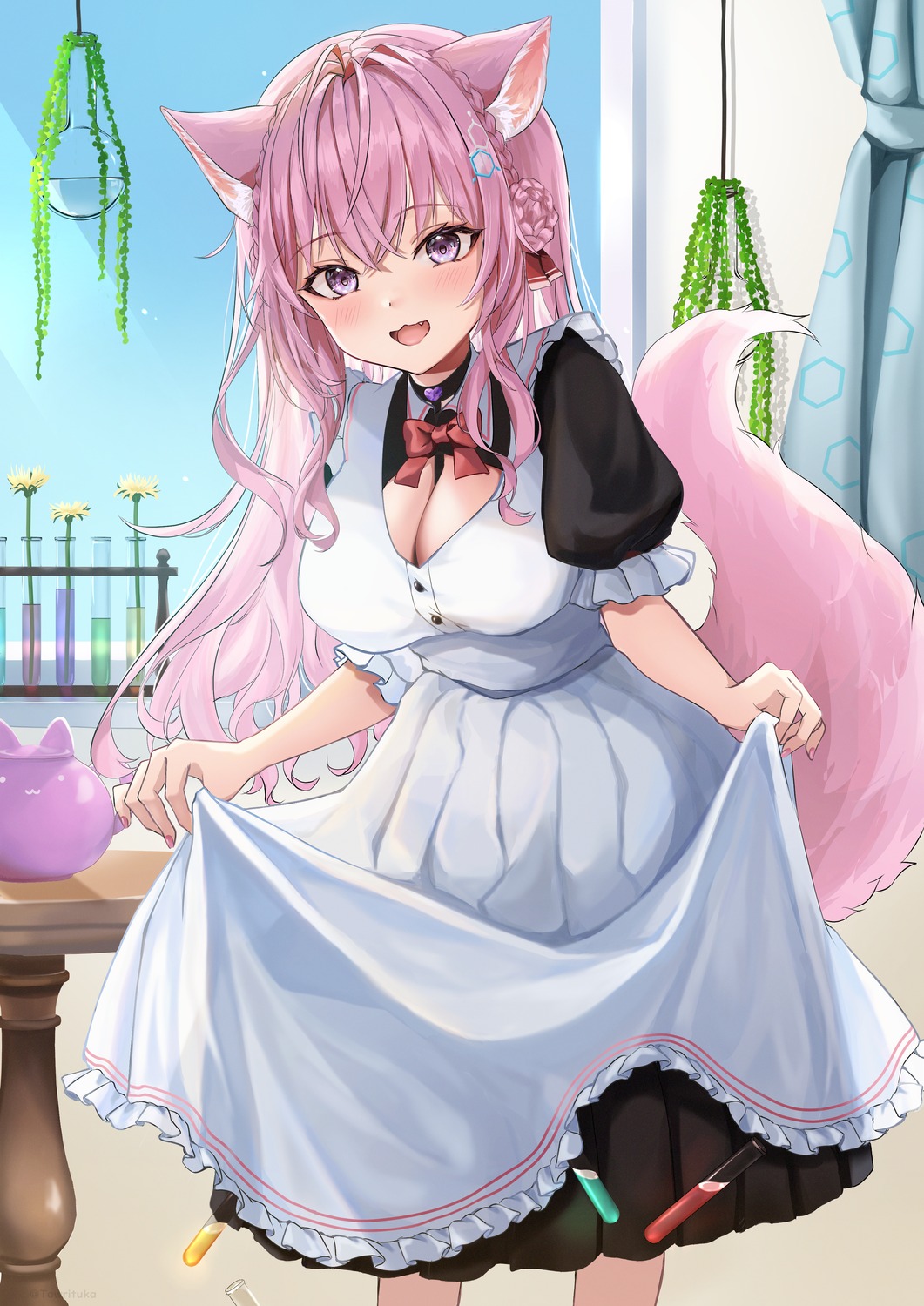 animal_ears, hakui_koyori, hololive, kyabetsu_ningen, maid, skirt_lift, tail