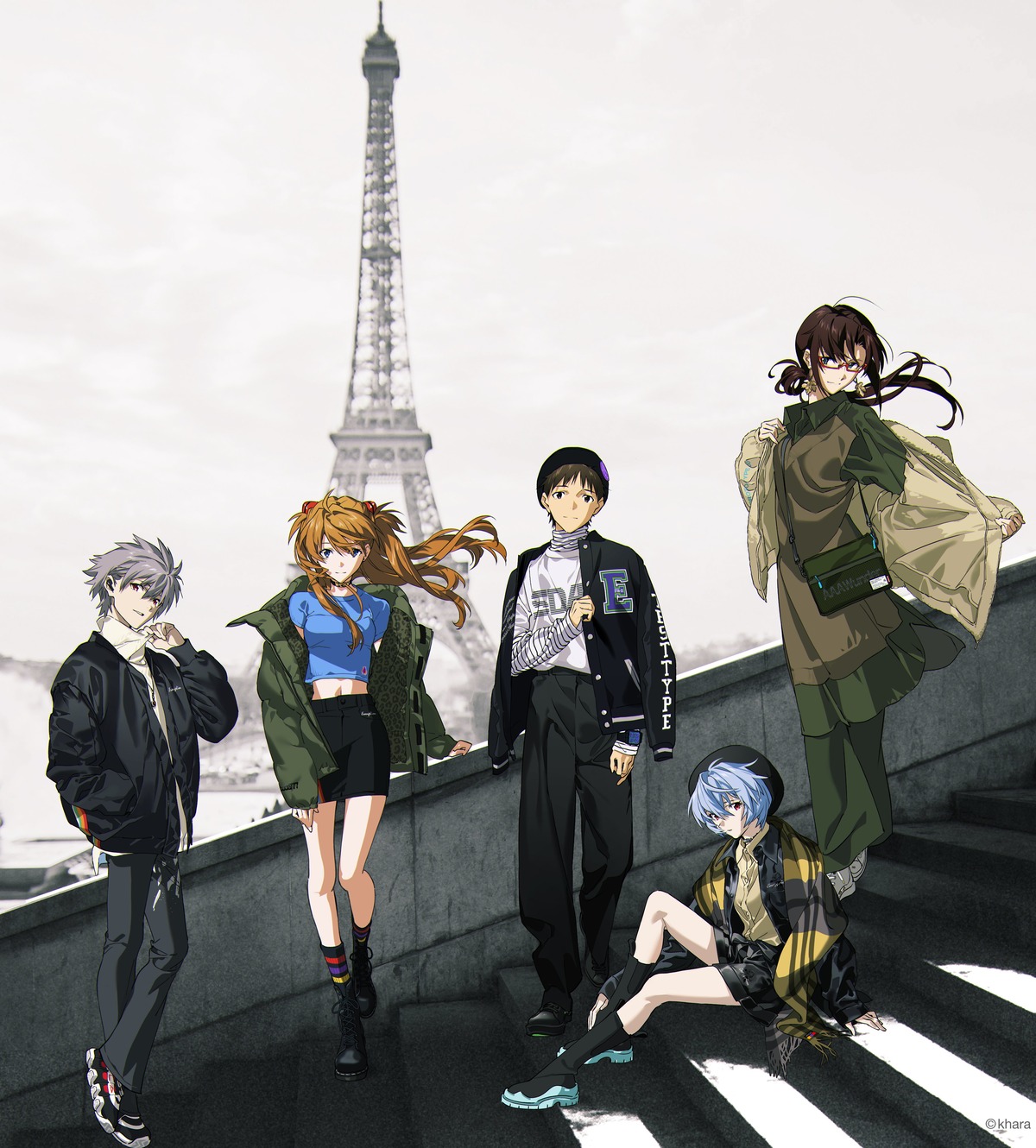 ayanami_rei, dress, ikari_shinji, makinami_mari_illustrious, megane, nagisa_kaworu, neon_genesis_evangelion, souryuu_asuka_langley