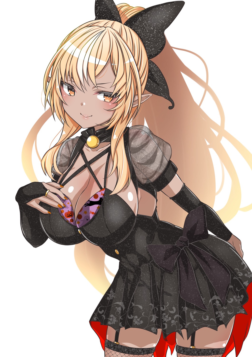 cleavage, dress, elf, fishnets, hololive, hololive_fantasy, kokechan, no_bra, pointy_ears, see_through, shiranui_flare, stockings, thighhighs
