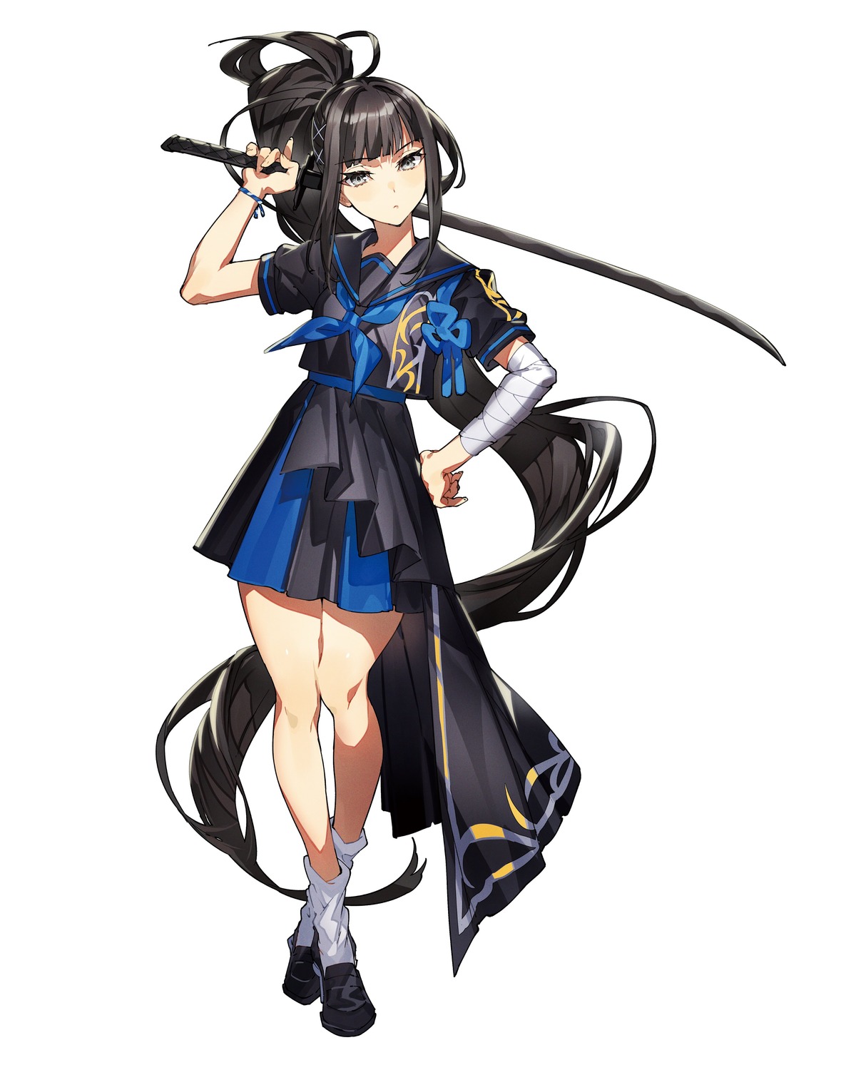 bandages, jin_(homuseka), mika_pikazo, seifuku, sword, waga_homura_ni_hirefuse_sekai