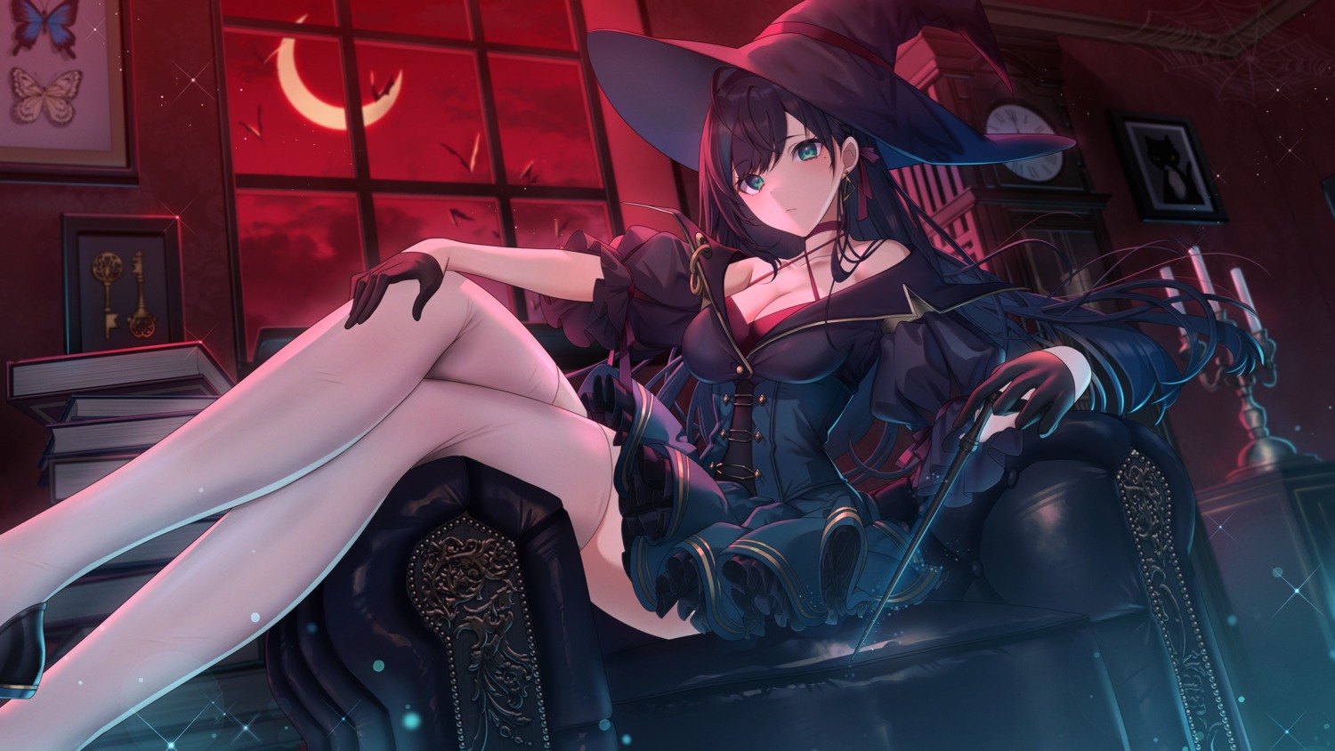 cleavage, dress, katase_bono, lin_(tower_of_fantasy), thighhighs, tower_of_fantasy, witch