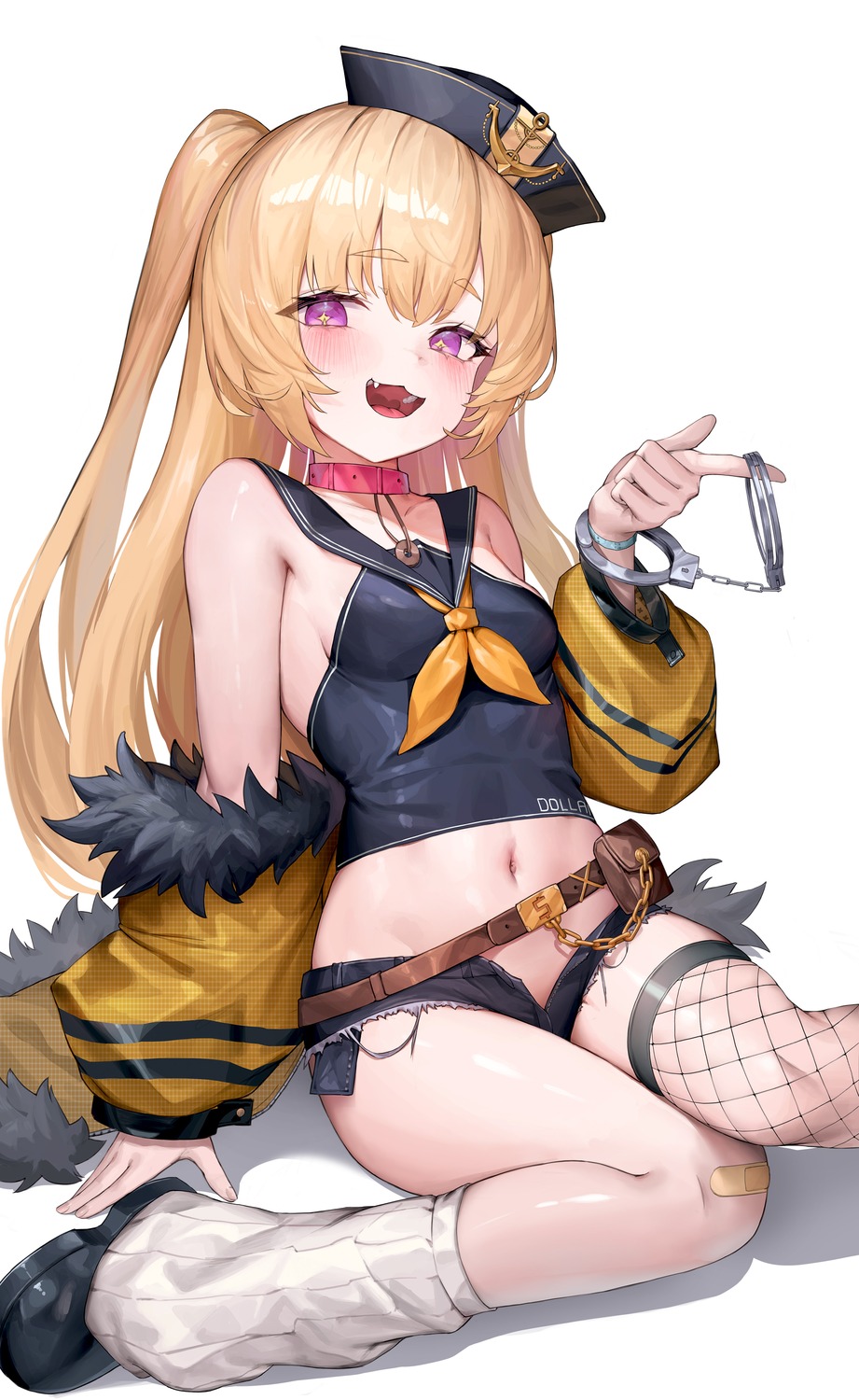 azur_lane, bache_(azur_lane), bandaid, fishnets, no_bra, seifuku, thighhighs, torn_clothes, yjs0803123