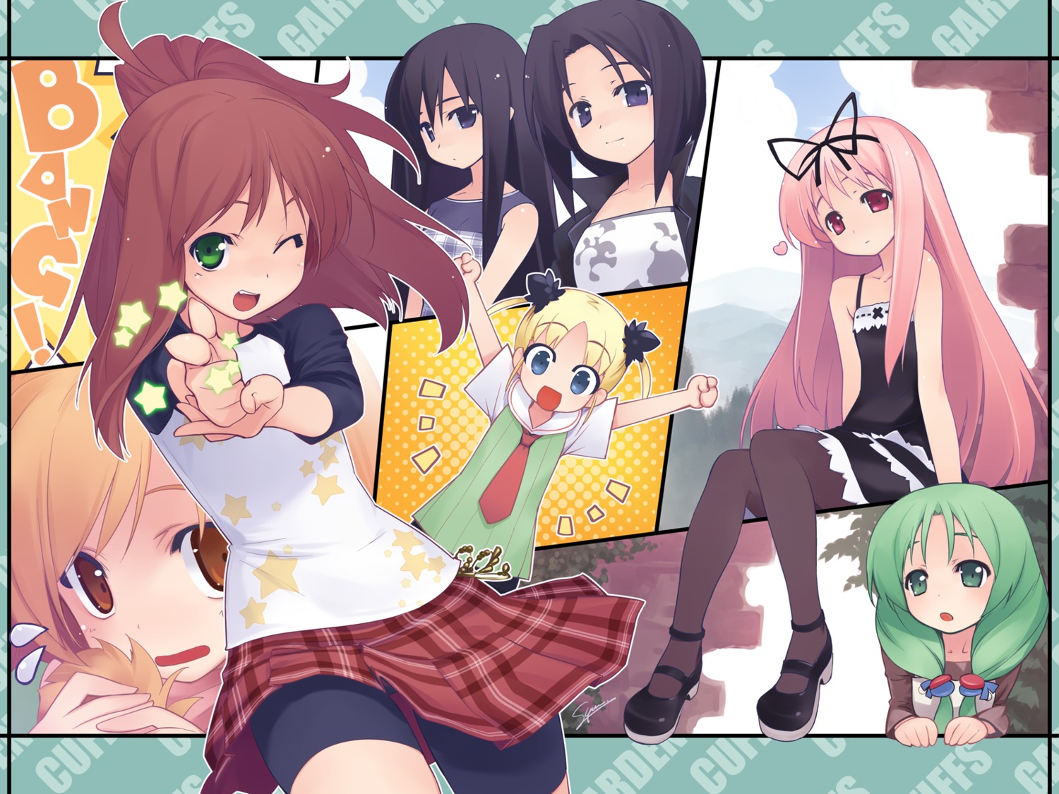 bike_shorts, cuffs, garden, himemiya_ruri, hoshino_erika, kasuga_nadeshiko, kasuga_sakurako, otokawa_sayo