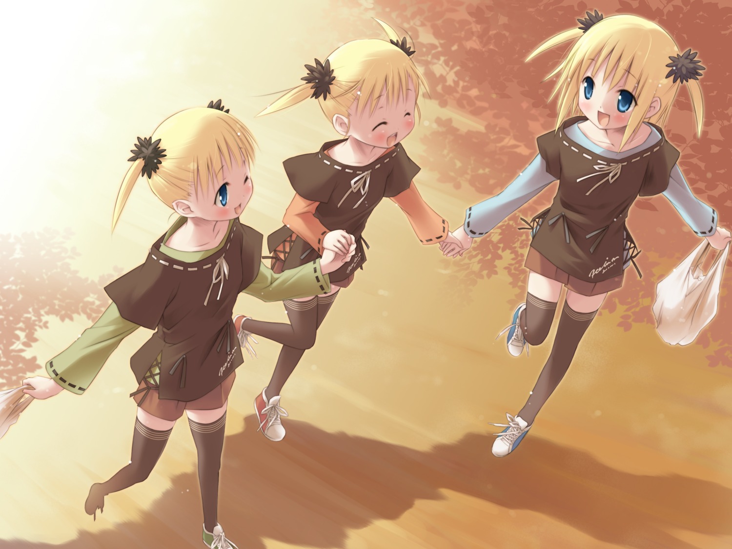 cuffs, eretto, garden, suzumura_azami, thighhighs, wallpaper