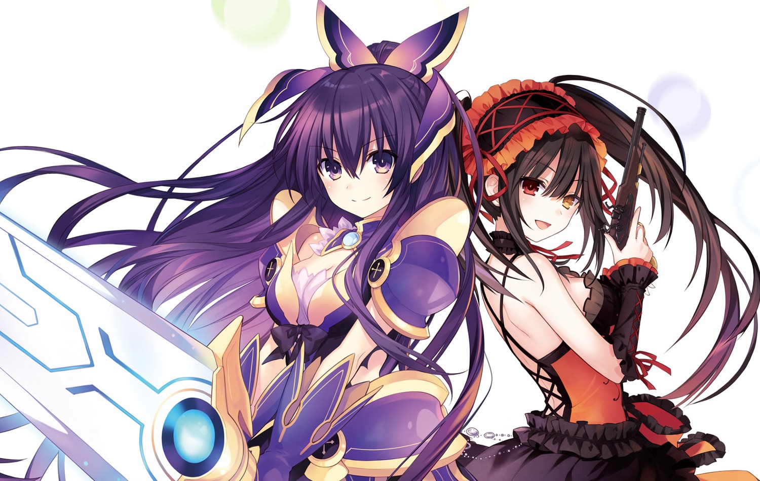 armor, cleavage, date_a_live, gothic_lolita, gun, heterochromia, lolita_fashion, no_bra
