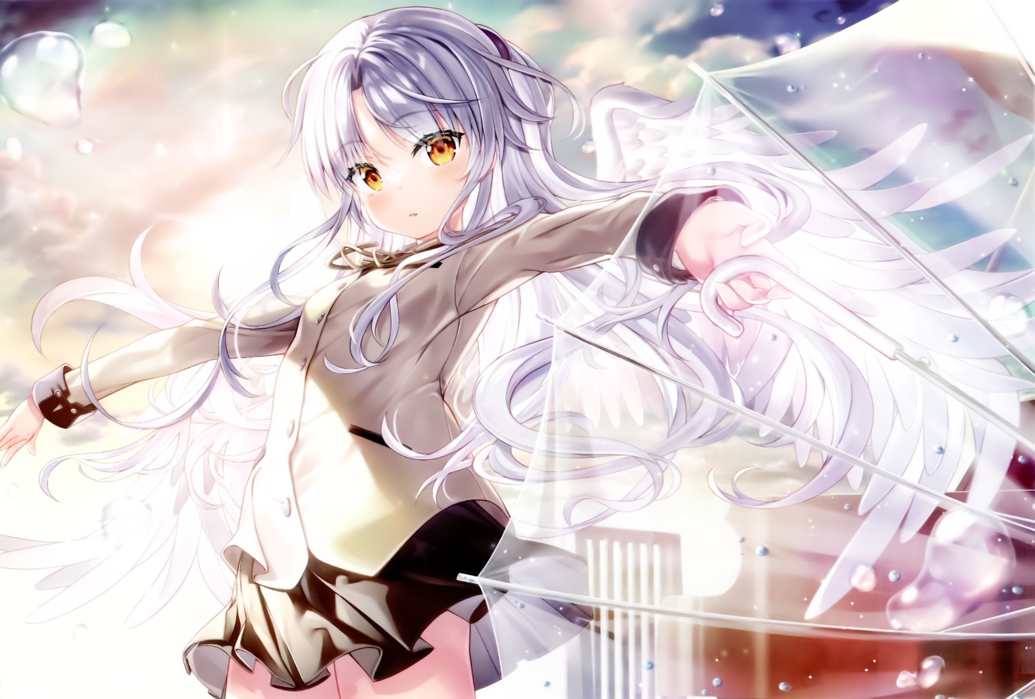 angel_beats!, fujima_takuya, seifuku, skirt_lift, tachibana_kanade, umbrella, wings