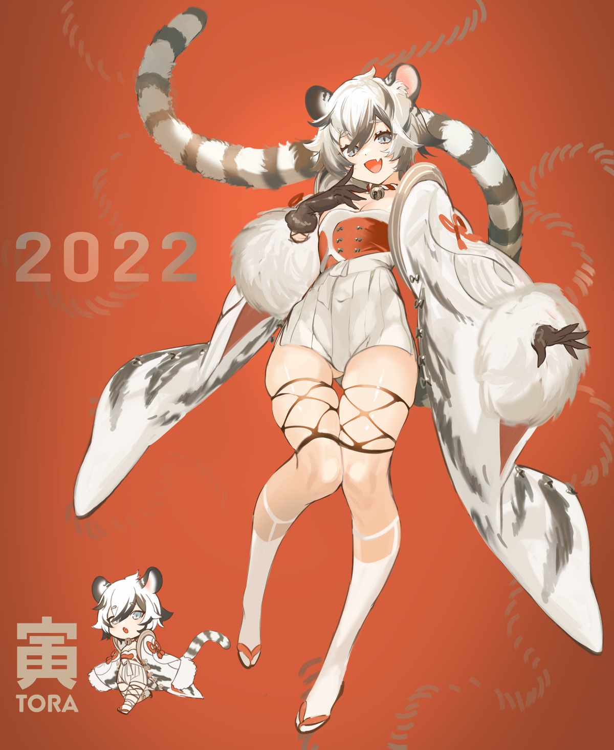 animal_ears, chibi, garter, japanese_clothes, no_bra, shokuen, tail