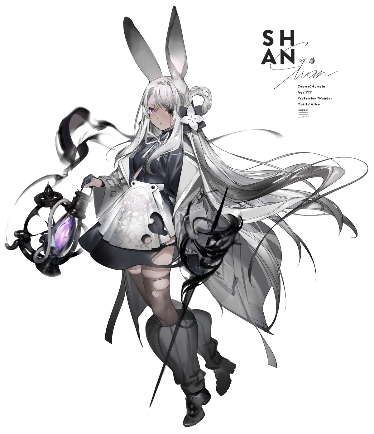 animal_ears, bunny_ears, dress, heels, heterochromia, shokuen, thighhighs, torn_clothes