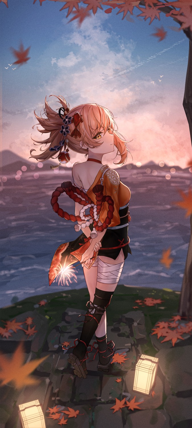atychi, bandages, genshin_impact, japanese_clothes, sarashi, tattoo, thighhighs, yoimiya
