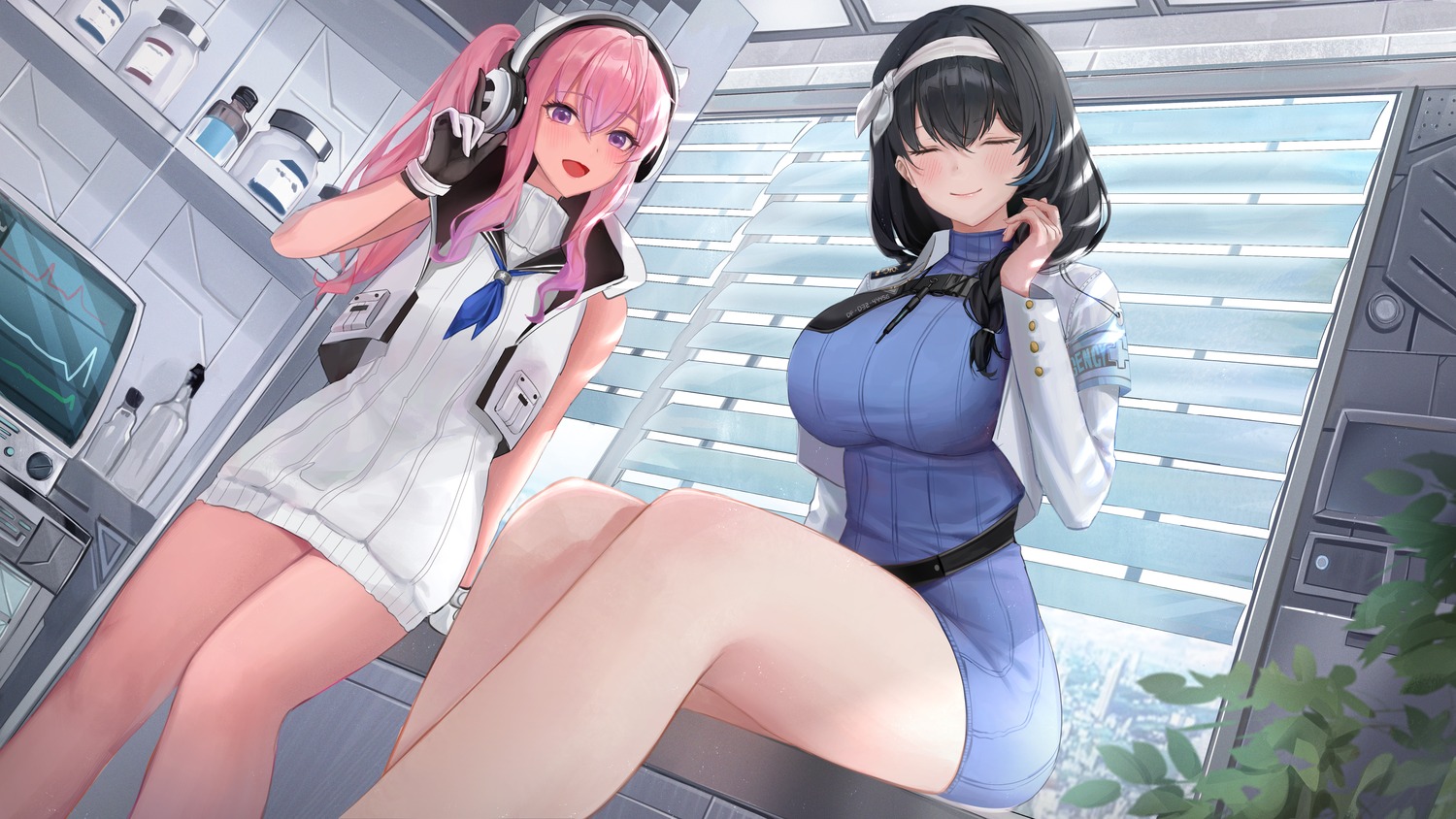 dress, goddess_of_victory:_nikke, headphones, mary_(nikke), pepper_(nikke), po_ppe, sweater