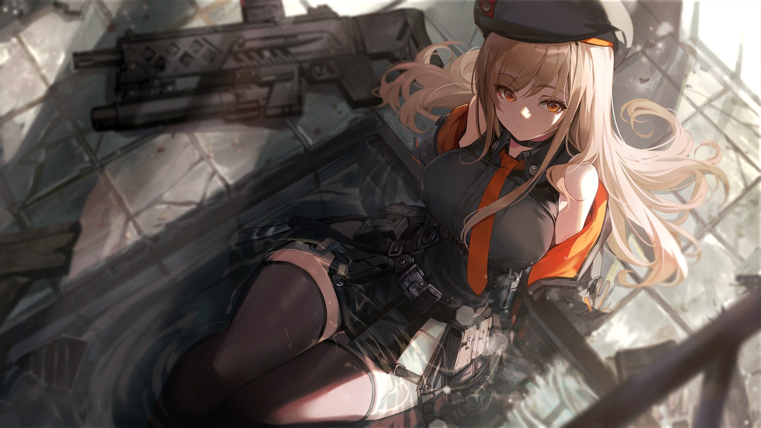 bathing, goddess_of_victory:_nikke, goomrrat, gun, rapi_(nikke), thighhighs, wet