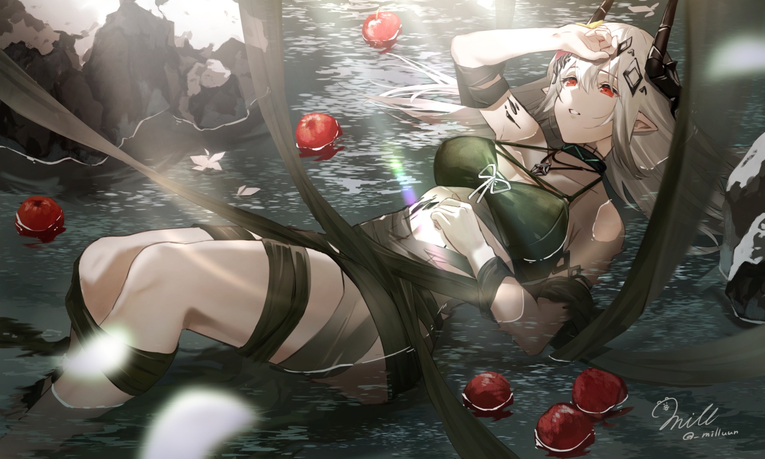 arknights, bra, horns, milluun, mudrock_(arknights), pointy_ears, wet