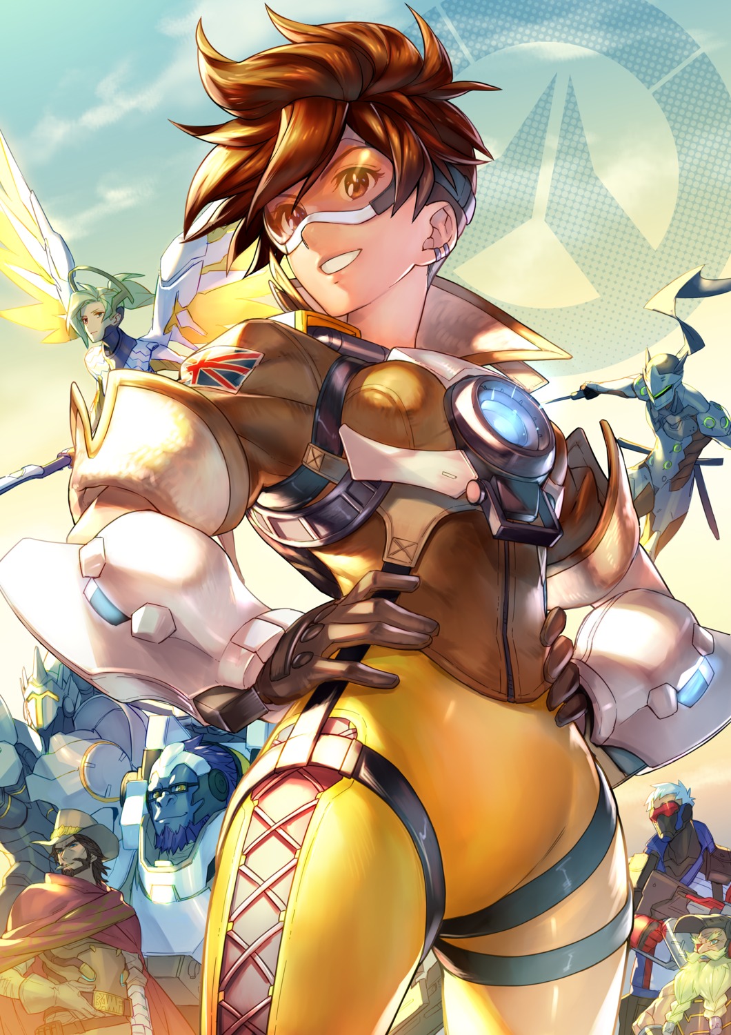 bodysuit, genji_(overwatch), kotatsu_(g-rough), mccree_(overwatch), mecha, mercy_(overwatch), overwatch, reinhardt_(overwatch)