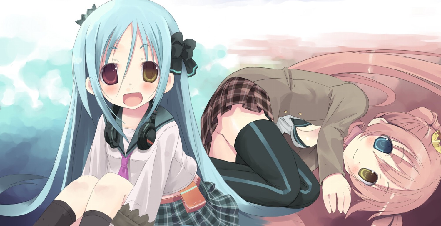 cleavage, headphones, heterochromia, seifuku, siro, thighhighs