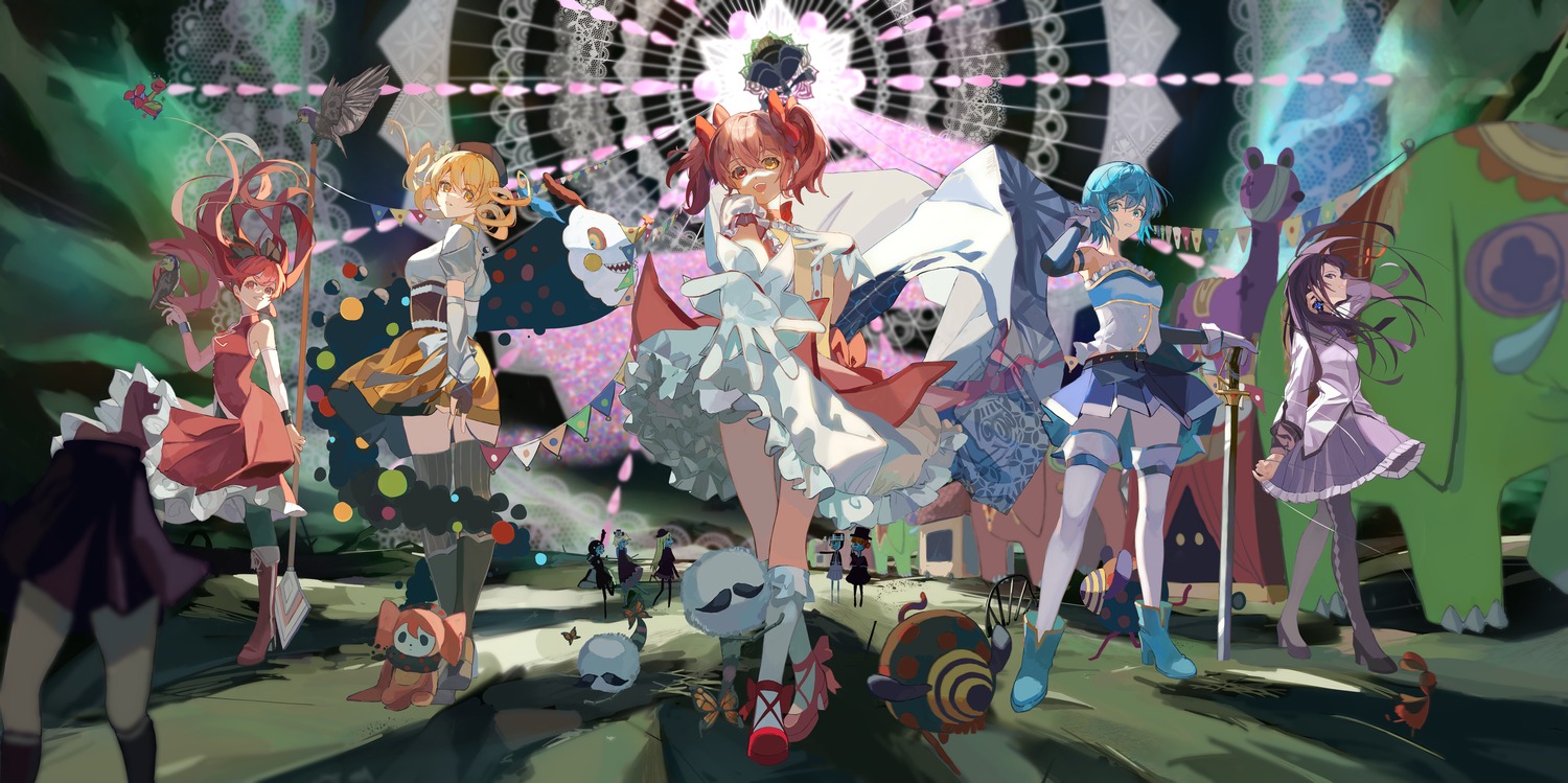 akemi_homura, bandages, breast_hold, charlotte_(madomagi), dress, heels, heterochromia, kaname_madoka, mahou_shoujo_madoka_magica, miki_sayaka, pantyhose, sakura_kyouko, shirasuke_0822, skirt_lift, sword, thighhighs, tomoe_mami, walpurgis_no_yoru, weapon