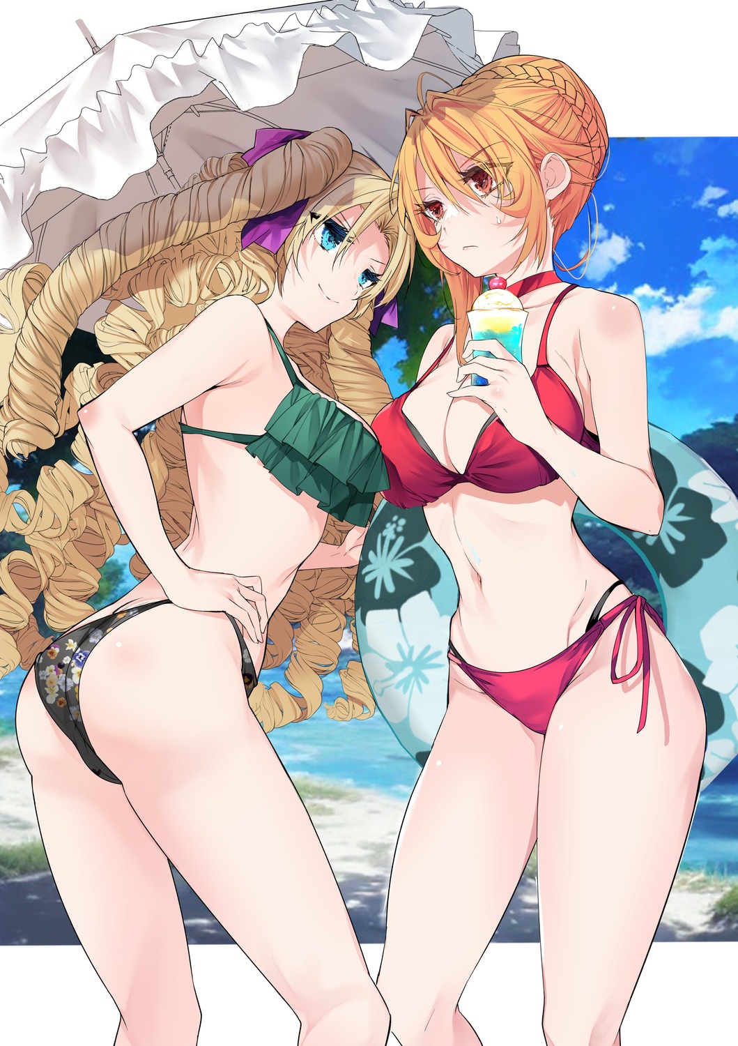 angelica_rapha_redgrave, ass, bikini, deirdre_fou_roseblade, otome_gee_sekai_wa_mob_ni_kibishii_sekai_desu, shiosato_jun, swimsuits, umbrella