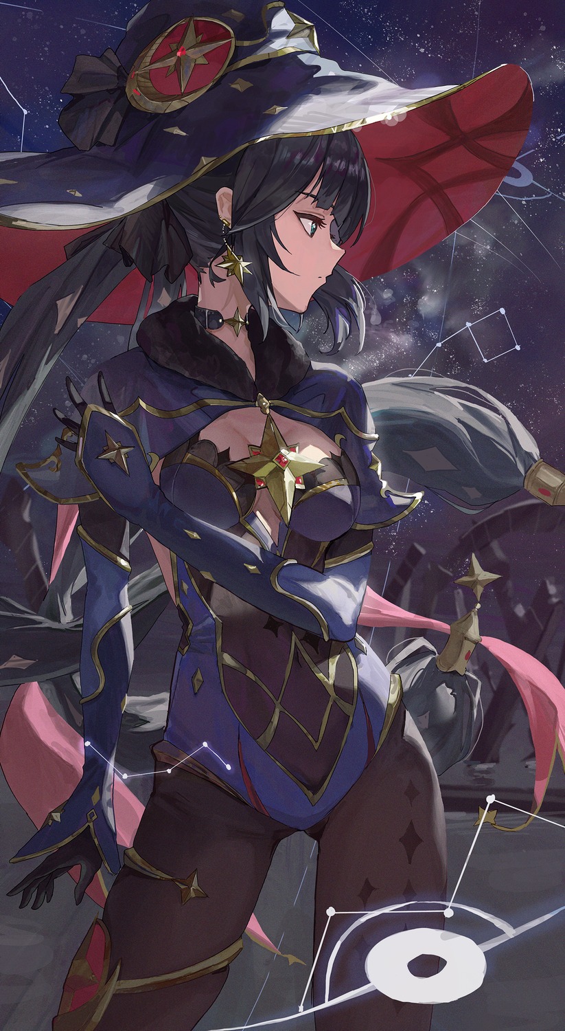 garter, genshin_impact, leotard, mona_megistus, pantyhose, serie_niai, witch