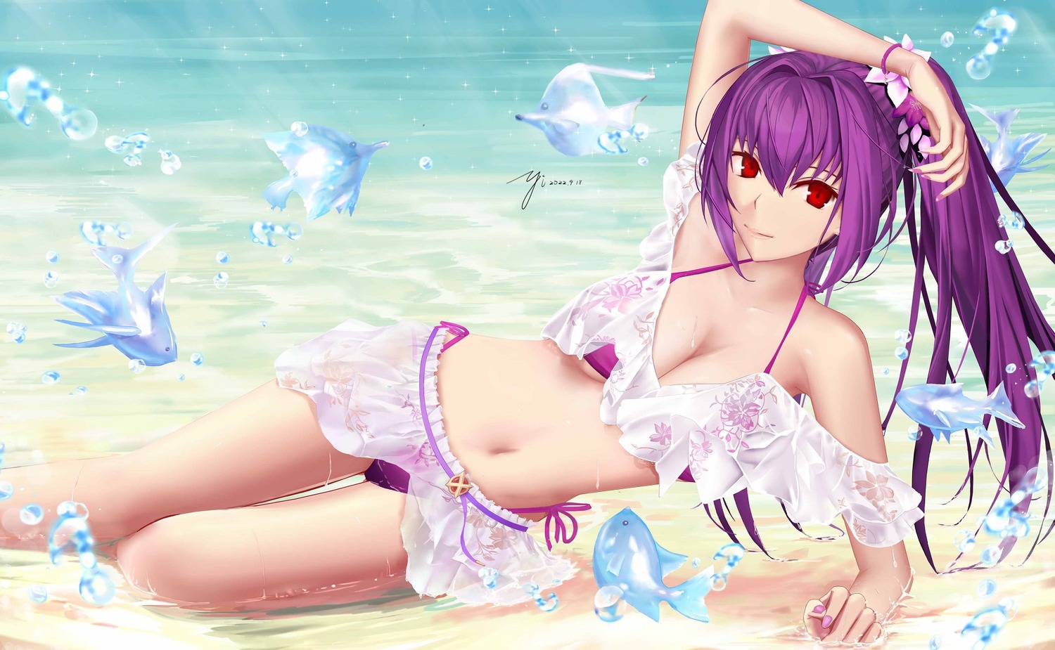artist_revision, bikini, fate/grand_order, scathach_skadi, see_through, swimsuits, wet, yi_mata