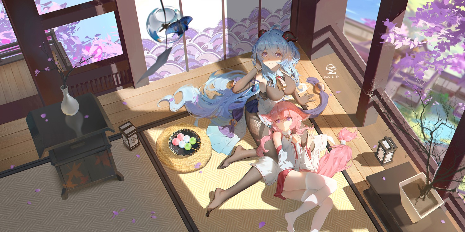 animal_ears, ganyu, genshin_impact, horns, japanese_clothes, kitsune, ribao, thighhighs